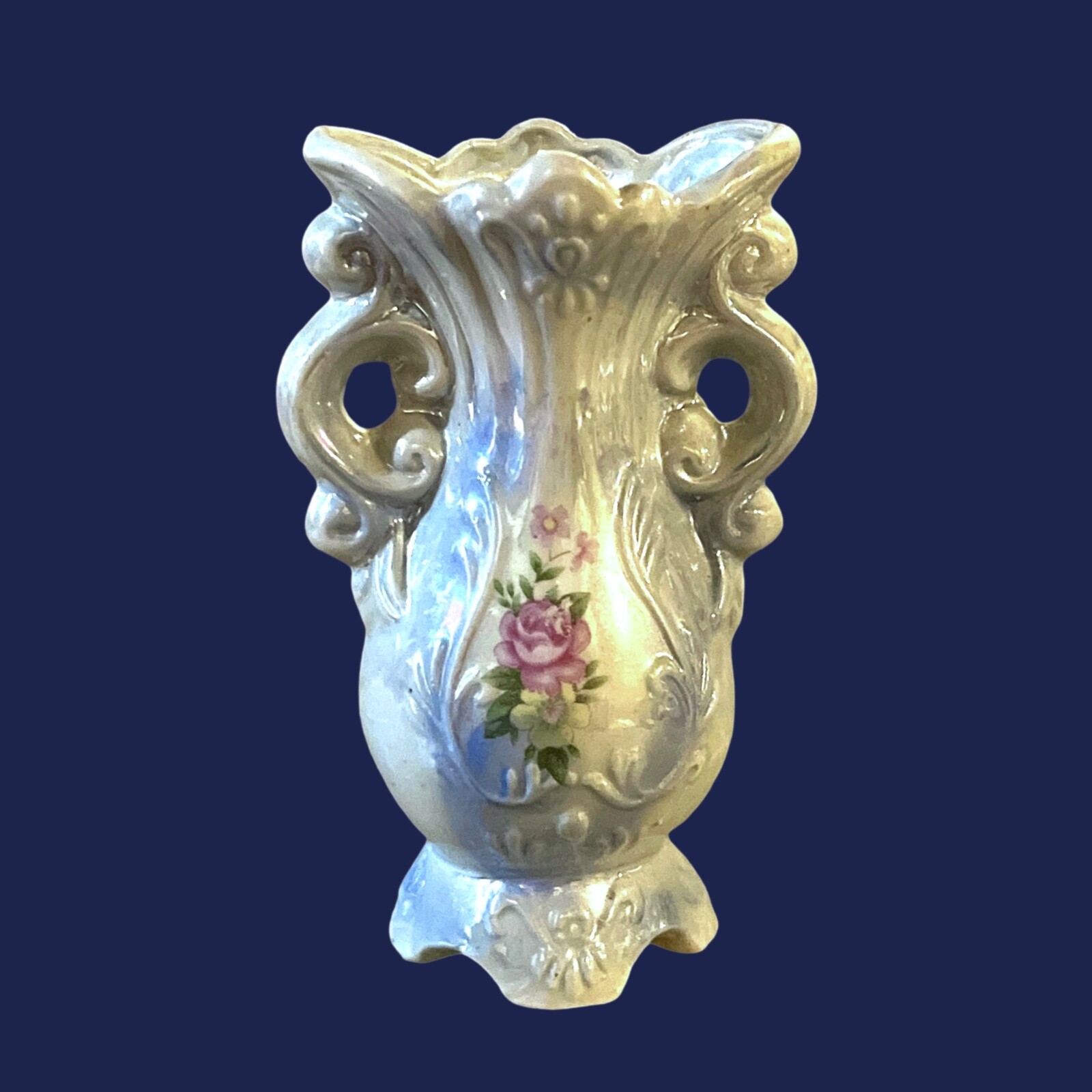 Vintage Ceramic Vase w/ Flower Decal Luster Decorative Pottery See Photos