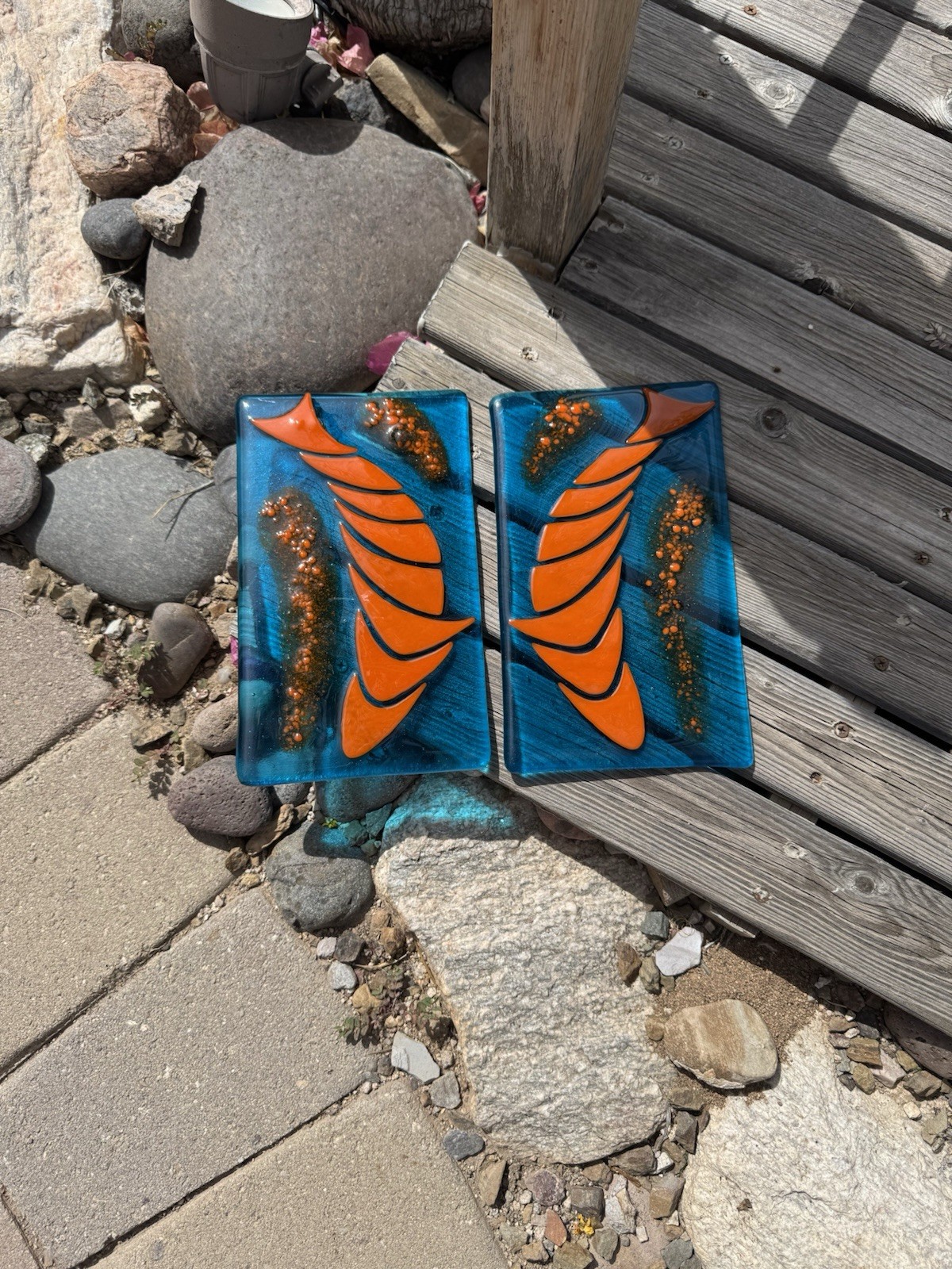 Fused Glass Art Panels Featuring Abstract Fish Design Set Of 2
