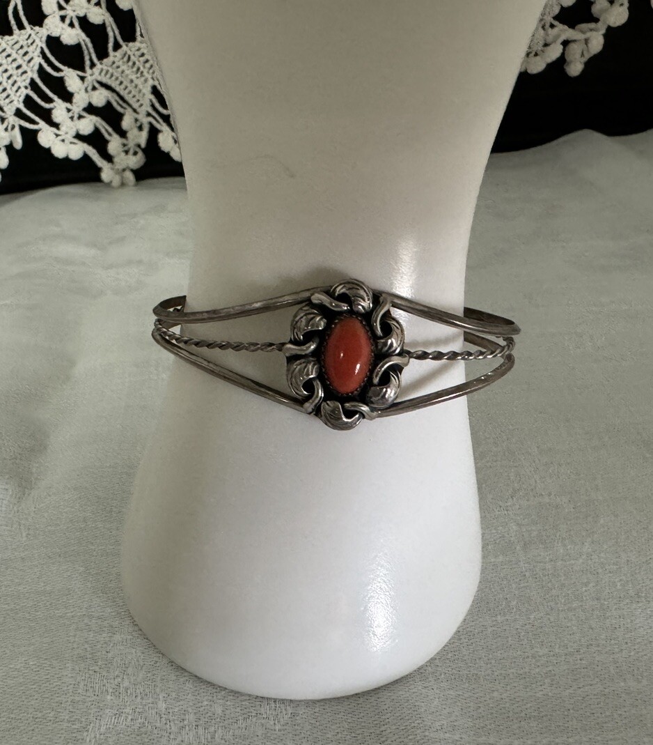 Vintage Sterling Silver Southwestern Orange-Red Coral Cuff Bracelet