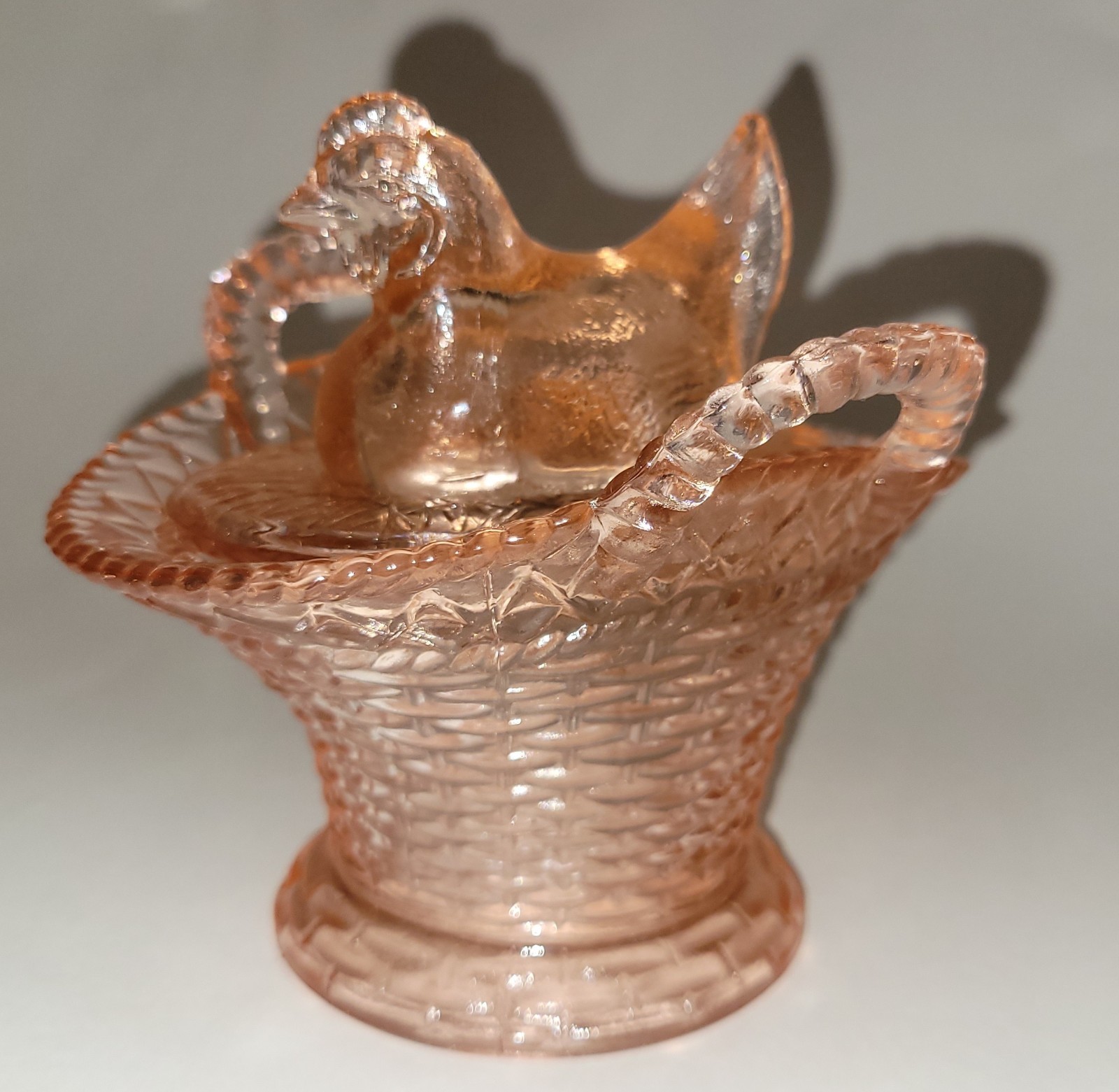 Vintage Pink Depression Glass Hen on Woven Basket -Fenton? Dugan? Indiana Glass?