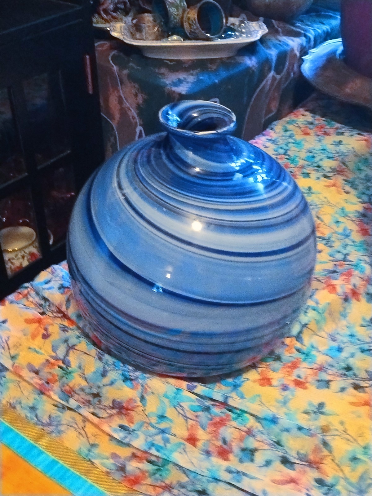 Hand Blown Art Glass Orb Ball Vase Blue Swirl