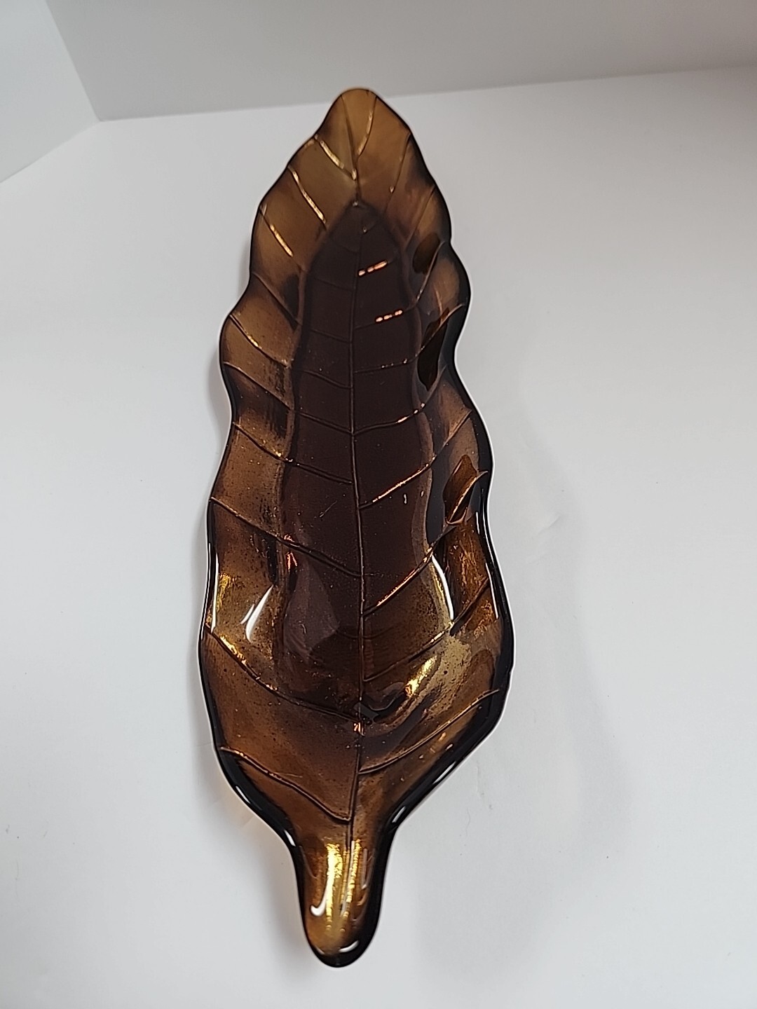 VTG Amber Art Glass Nature Leaf w/ Stem Shaped Trinket Dish 11 1/4″ Fall Decor