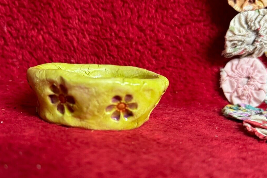 Handmade Pottery Pinch Pot Neon Yellow-Green with Purple & Red Floral Impression