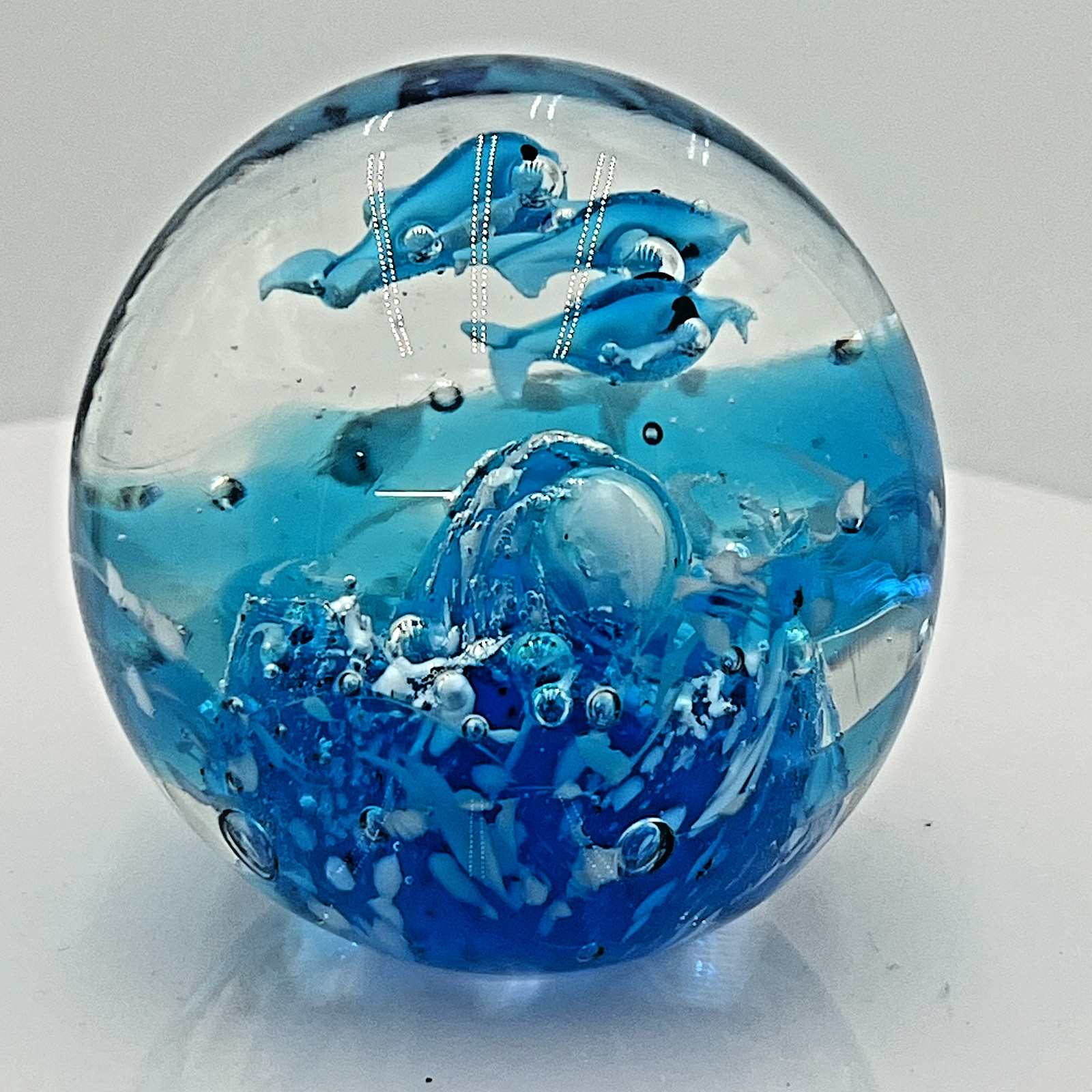 Glass Paperweight Under Water Fish/Dolphin with Waves and Bubbles 3×3