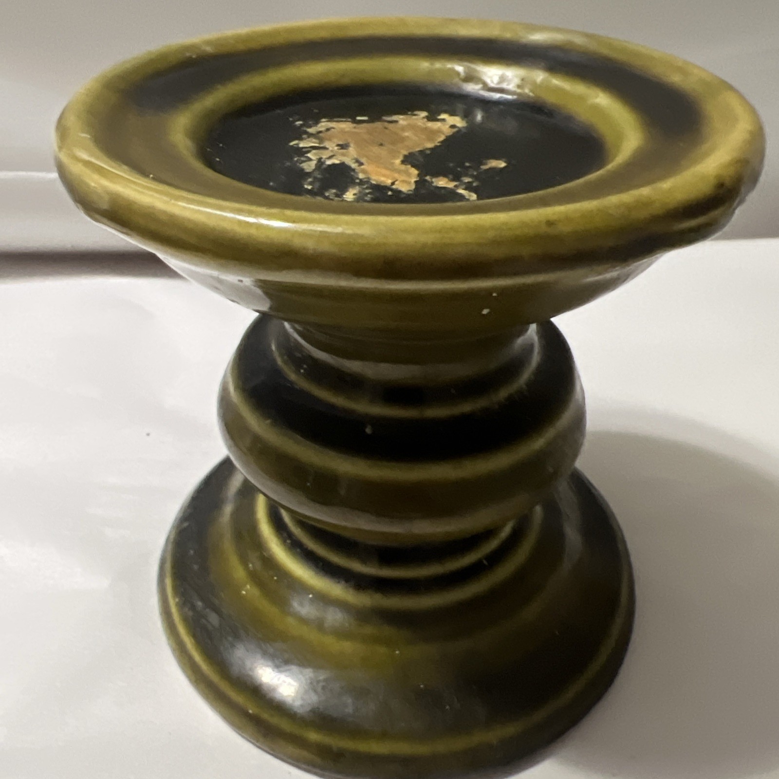 Vintage Olive Green Ceramic Pillar Candle Holder 5 1/4 X 5 1/2 Inches