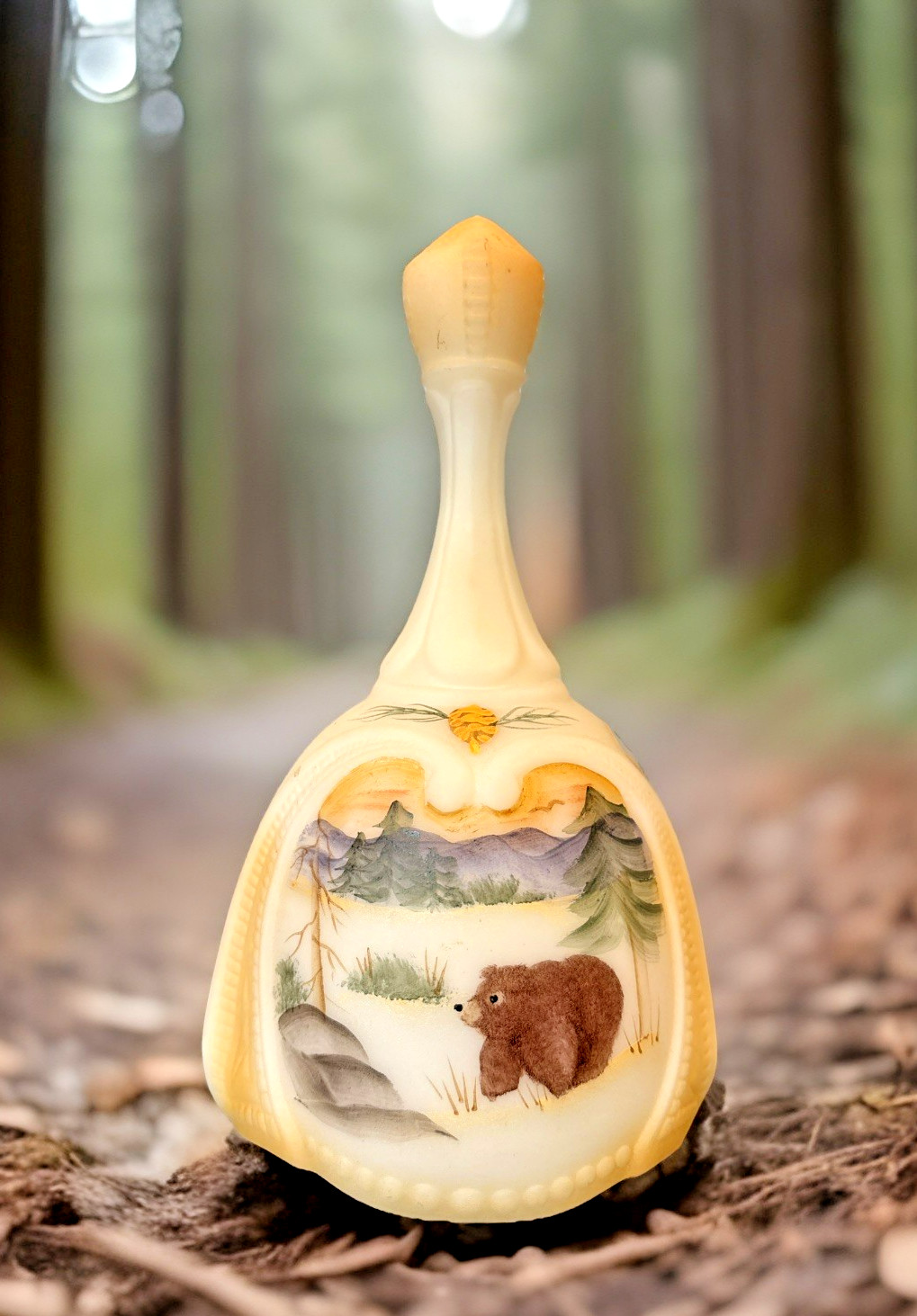 Fenton Hand Painted Art Custard Glass Bear in Woods Bell Foil Sticker E Farley