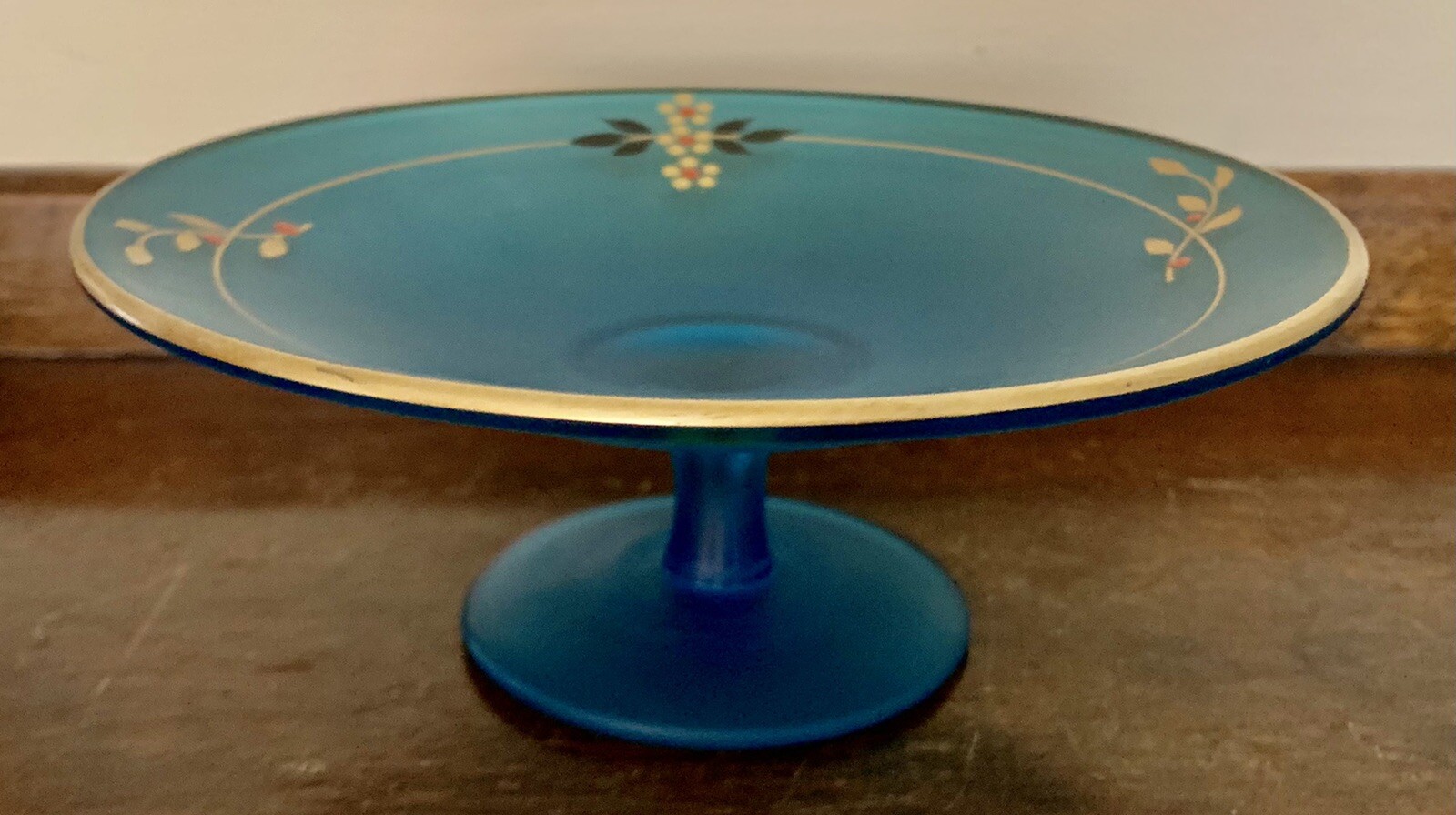 Vintage Tiffin (?) hand painted Daisies & satin blue footed compote 6.5” x 2.5”
