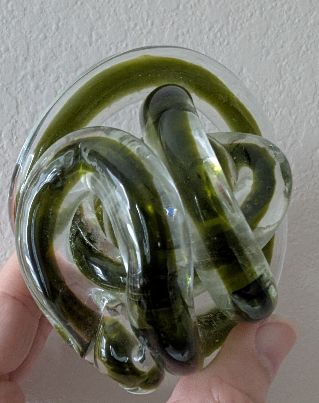 Art glass paperweight infinity rope knot twisted sculpture green clear abstract