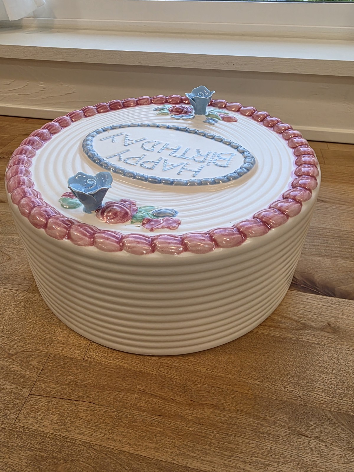 Vintage Ceramic Happy Birthday Fake Cake Hand Painted Made in Portugal