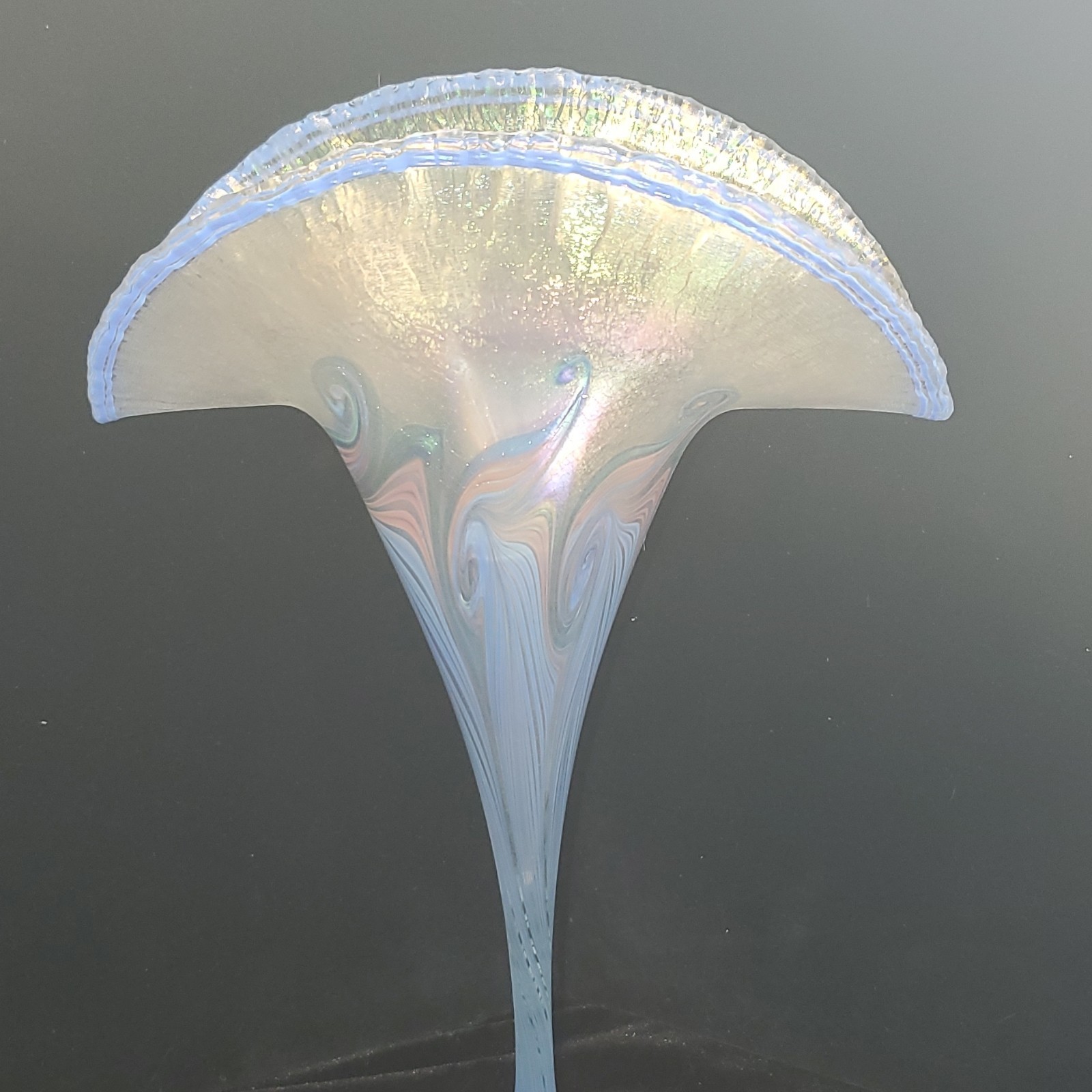 Vandermark Signed Blue Iridescent Art Glass Fan Vase w/ Pedestal Base. 13 3/4 in