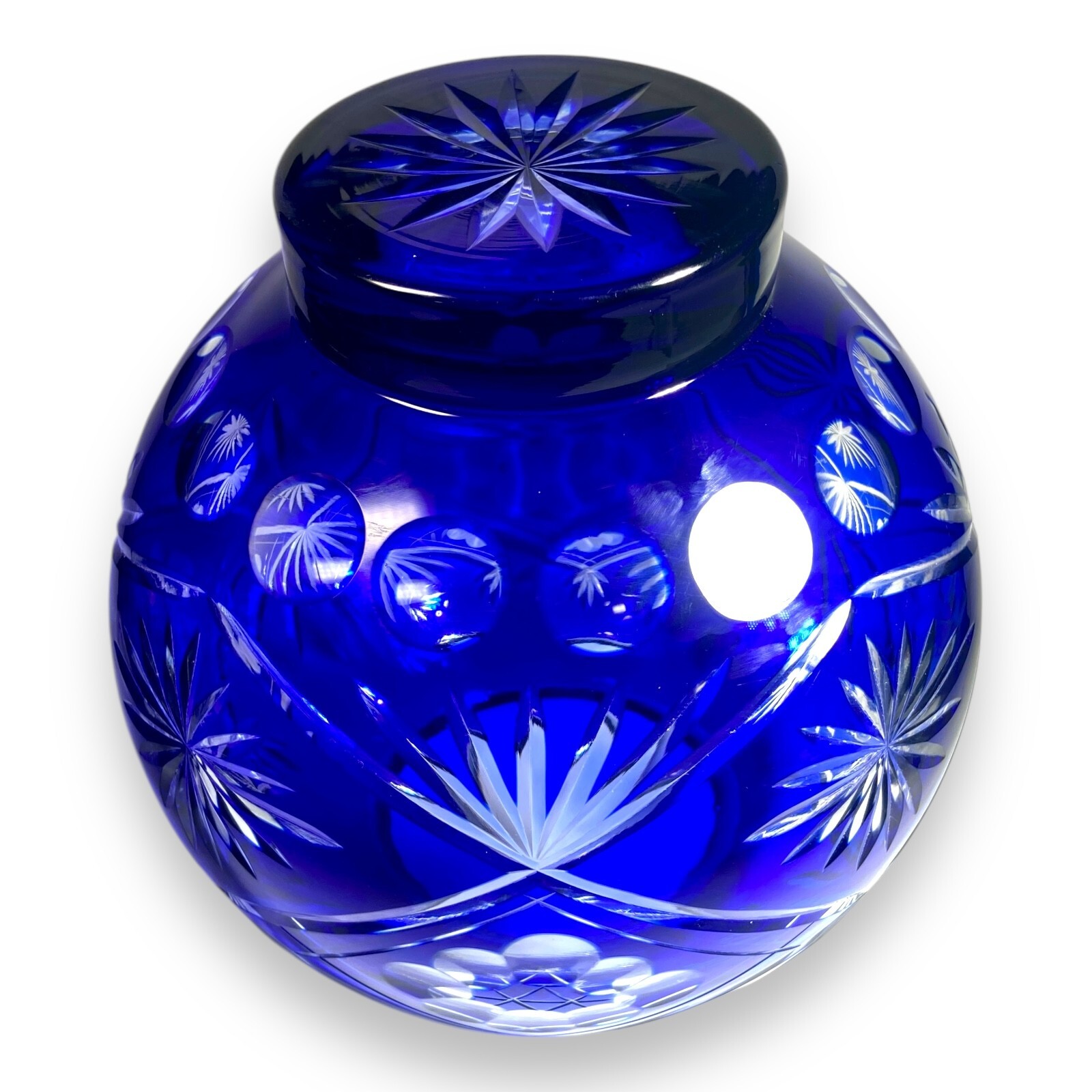 Vintage Bohemian Cobalt Cut-to-Clear Crystal Vase – 9.5″ Wheel Cut Design XL