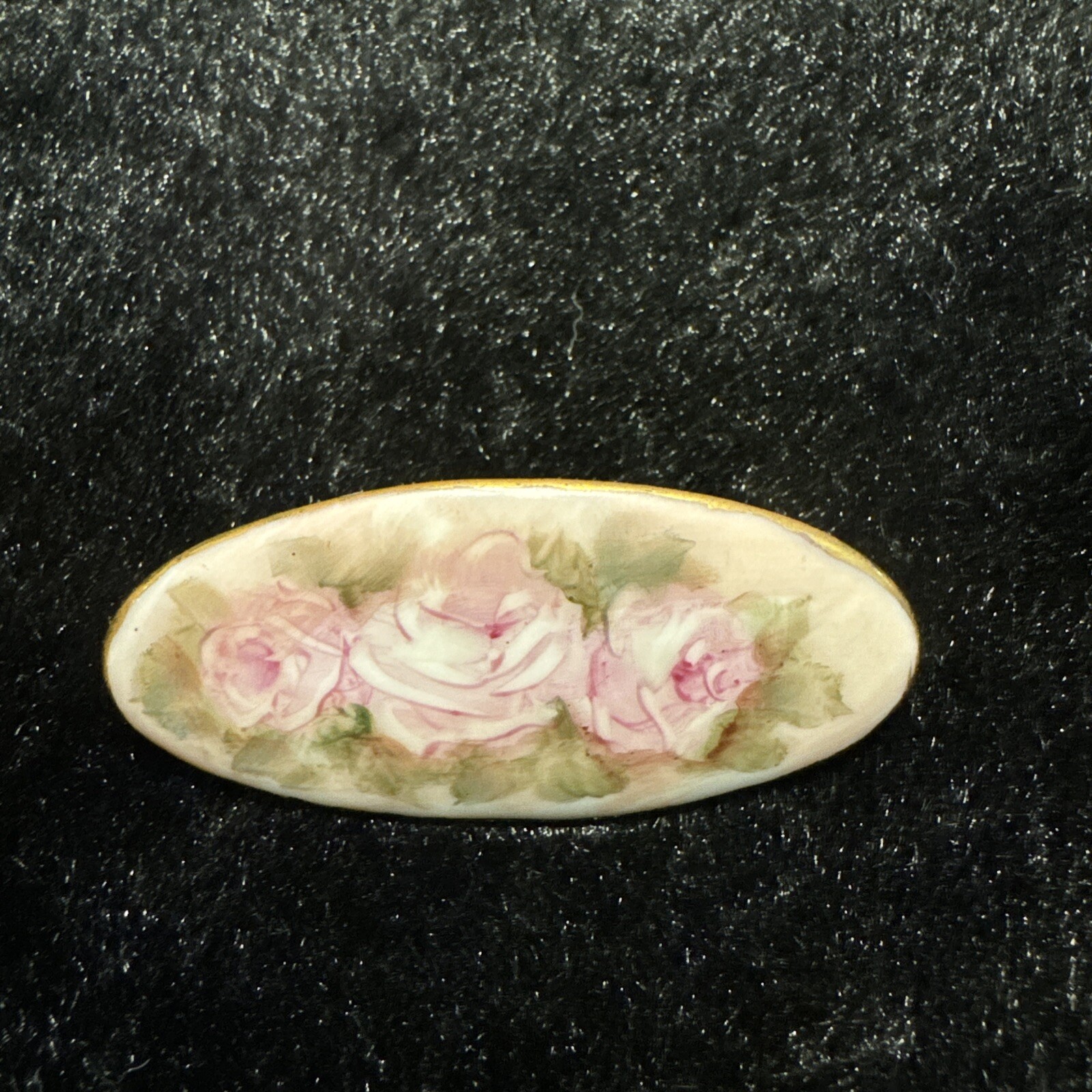 Victorian Hand Painted Continental Porcelain Pink Cabbage Rose Brooch Pin Signd