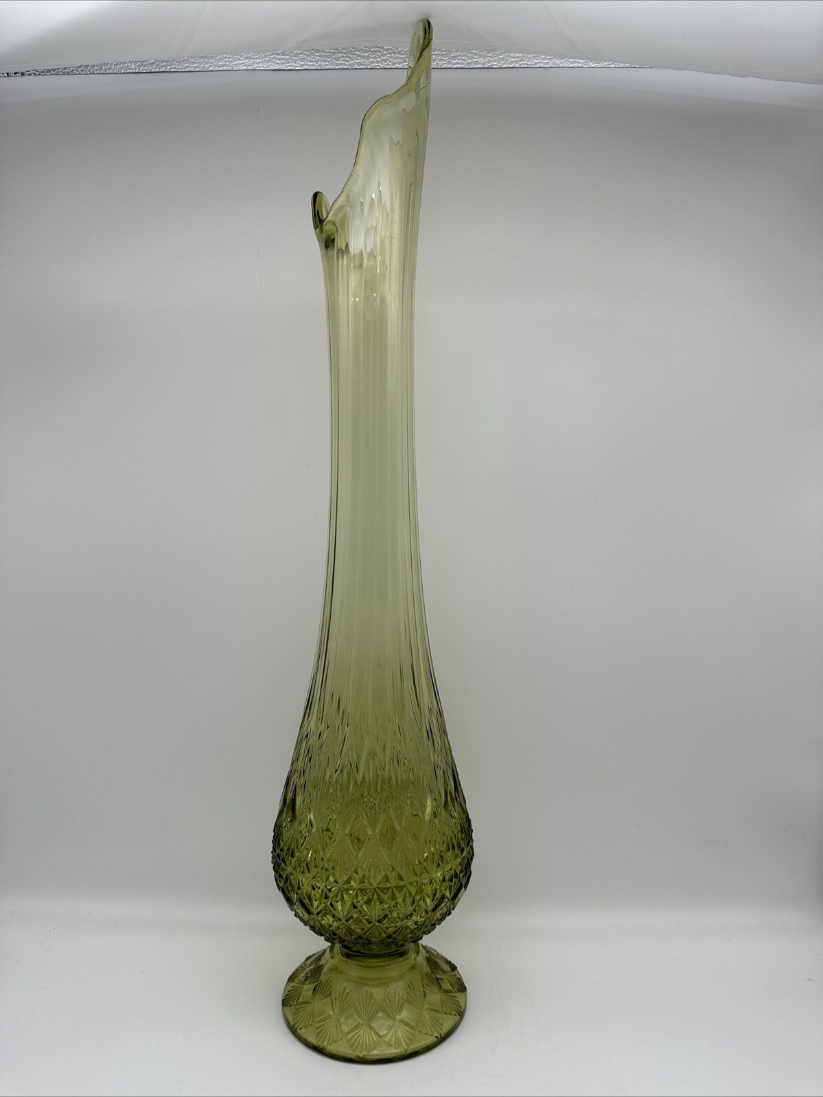 Vintage Fenton OVG Colonial Green Cut and Block Swung Glass Vase 22″
