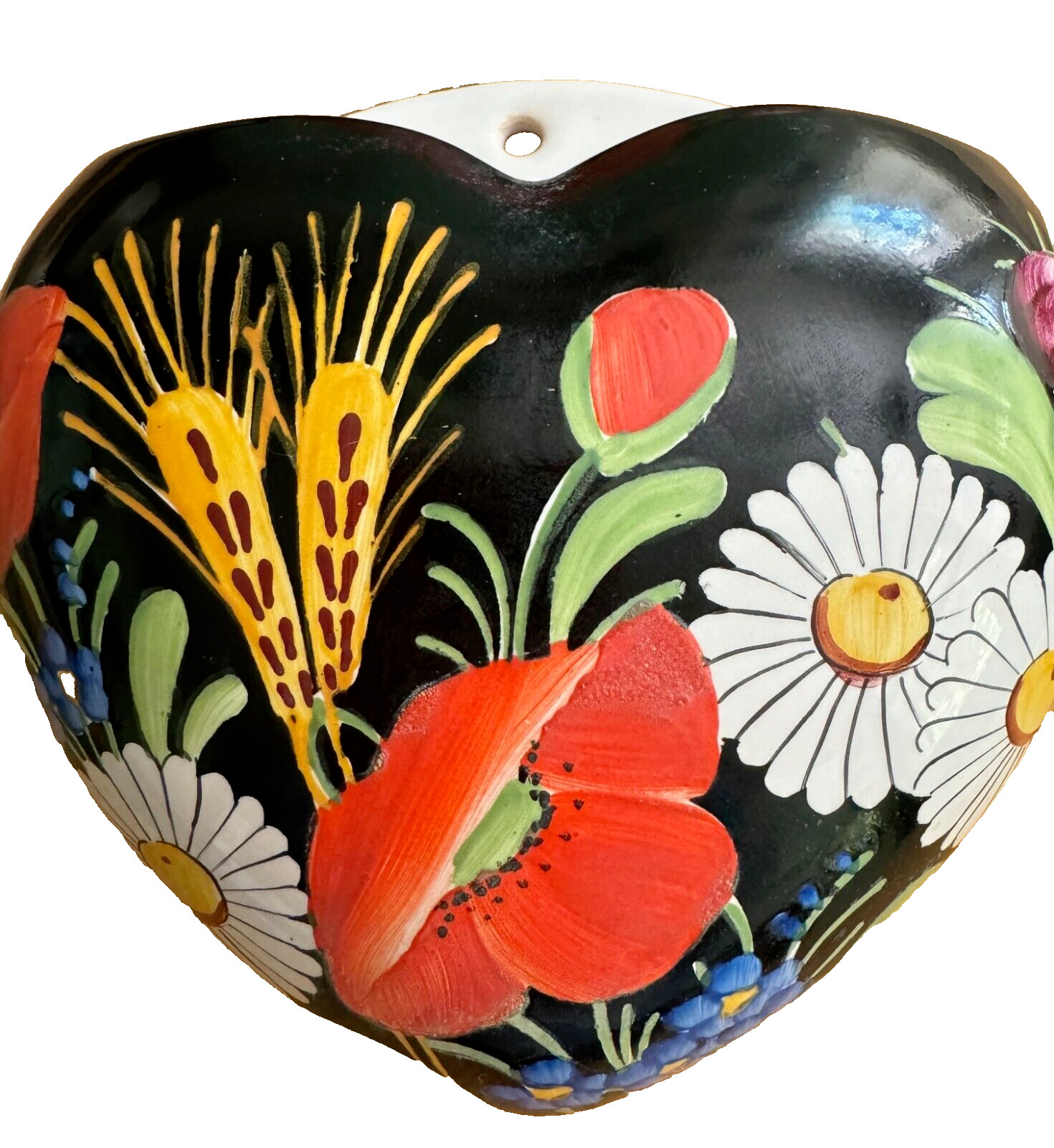 Czech Heart Wall Pocket Ceramic Heart Black Floral Chodovia Hand Painted 2