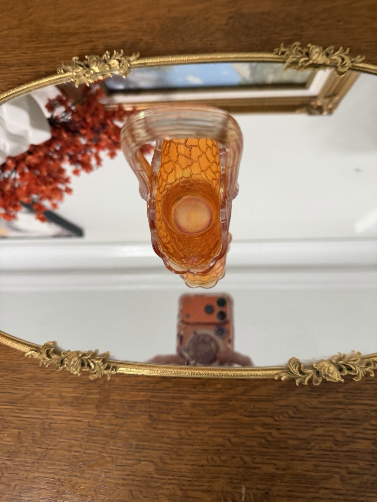 Orange Iridescent Crackle Carnival Glass Oval Decorative Basket Handle 7″