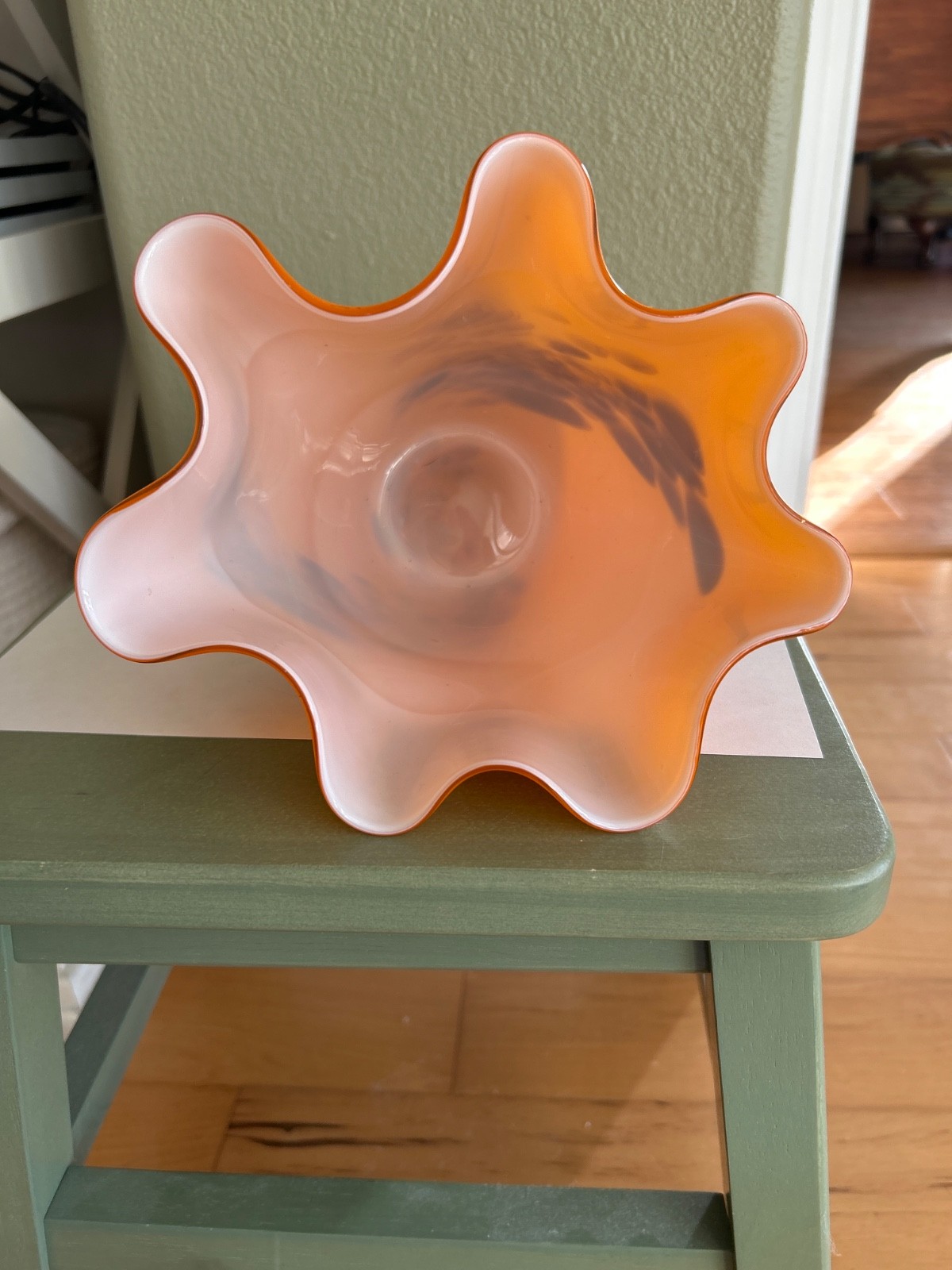 Murano Style Glass Italy Fall Handkerchief Vase Bowl Orange and Gold