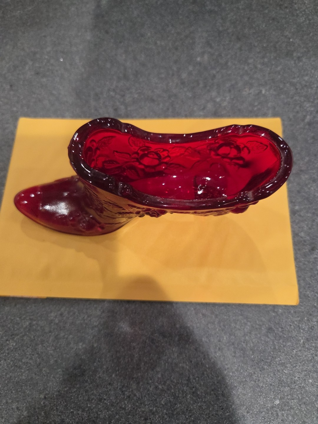 Ruby Red Fenton glass Shoe; Cabbage Rose Embossed glows under black light