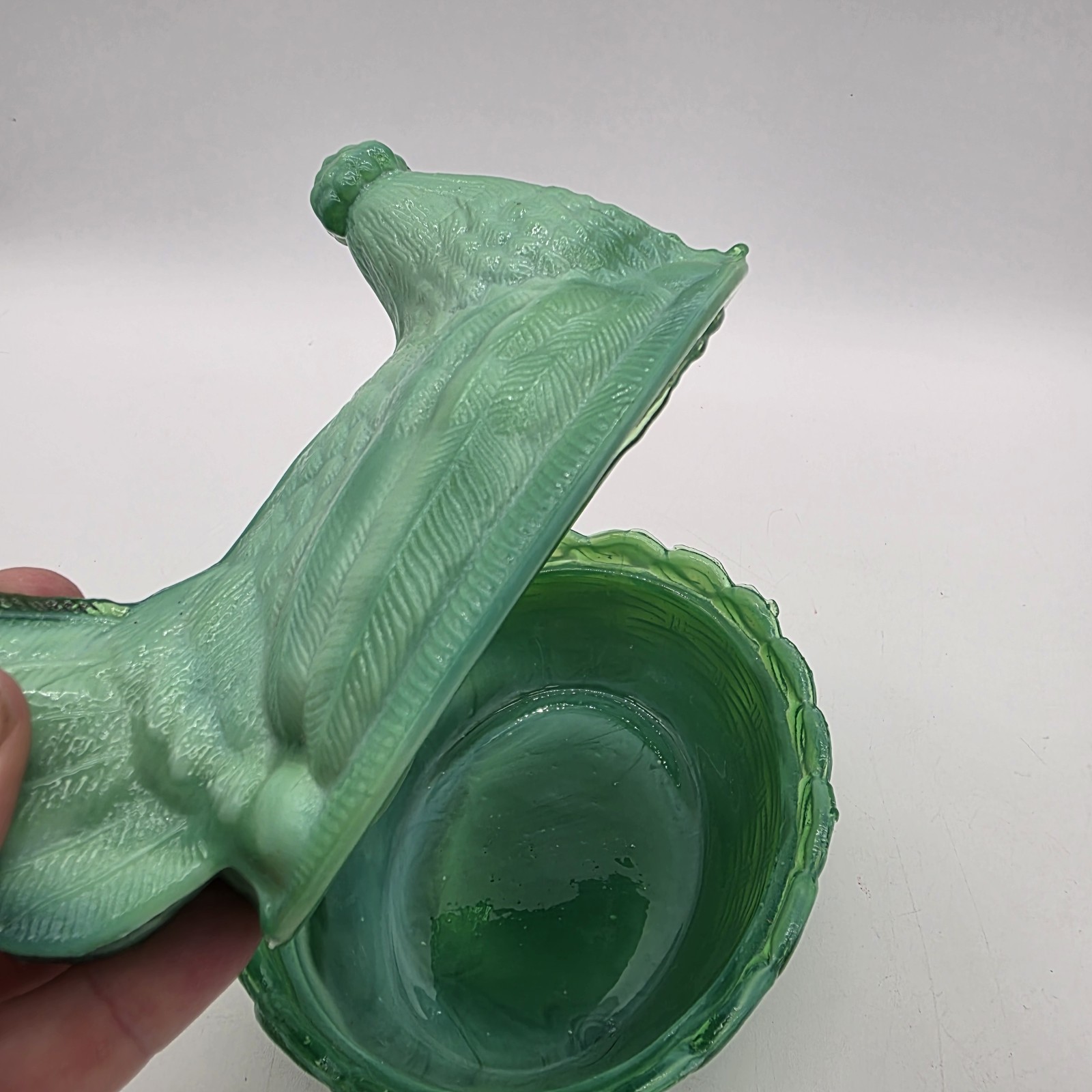 Green Slag Glass Hen on a Basket Covered Candy Dish 6″