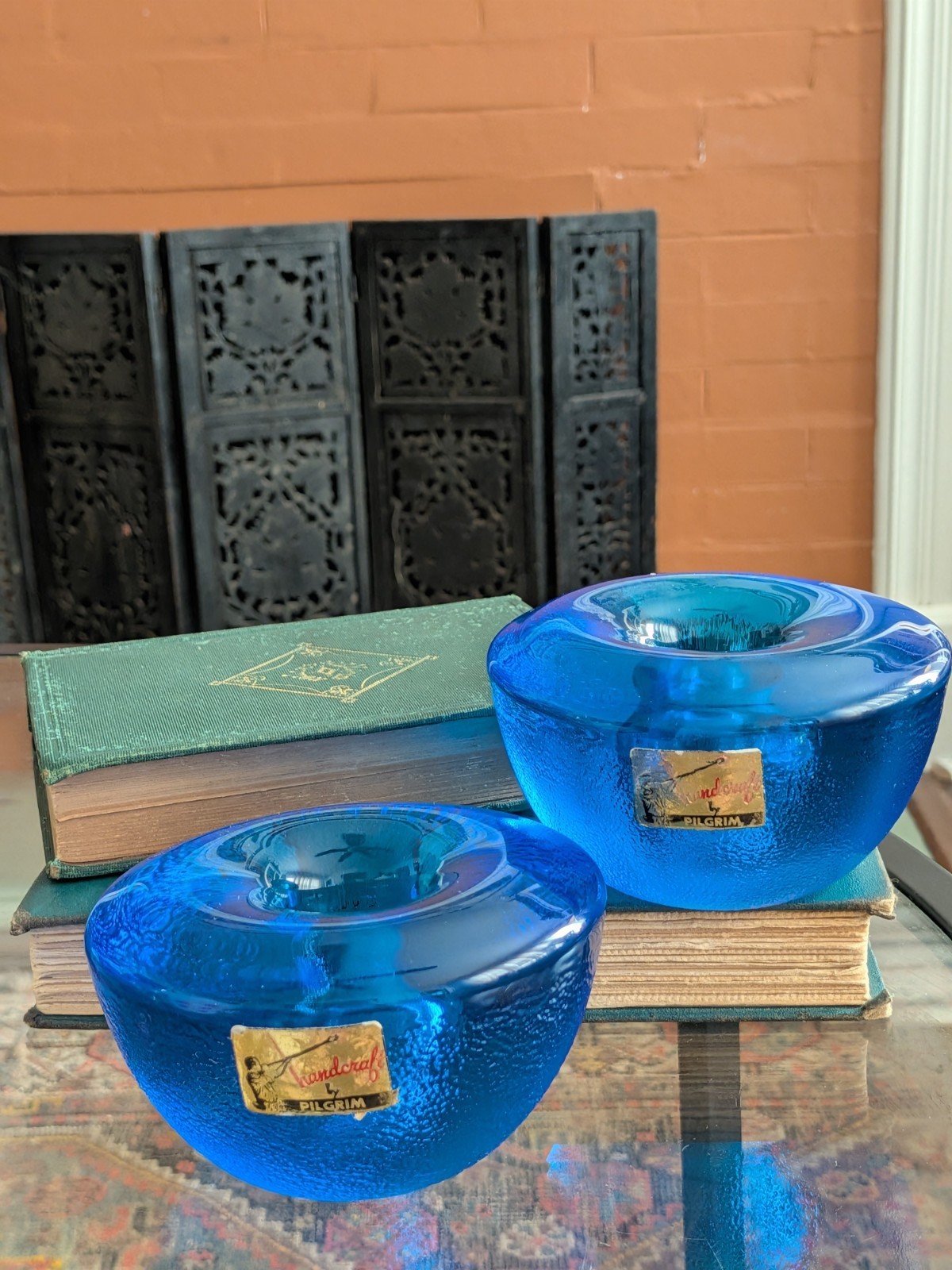 Vtg Pilgrim Glass Cobalt Blue MCM Candle Stick Holder Set Hand Blown Textured