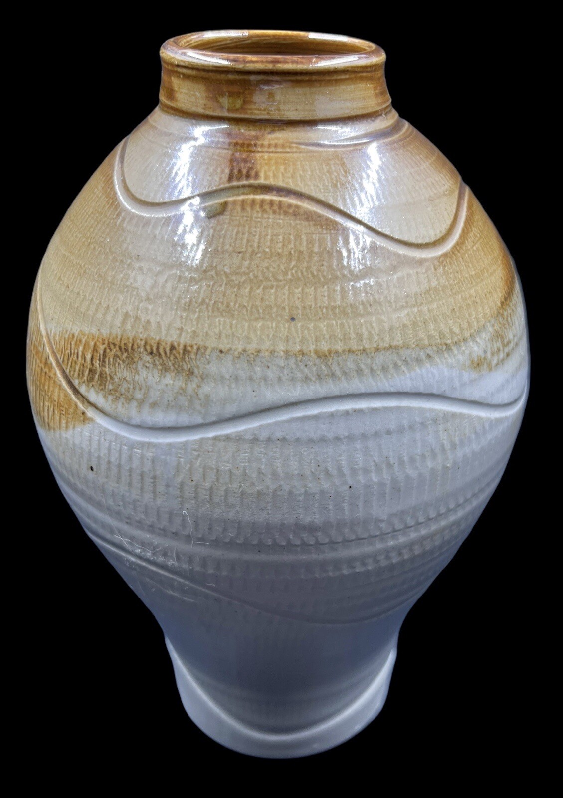 Vintage 1995 Studio Art Pottery Vase Caramel Brown & Cream Wavy Lines Signed 8”