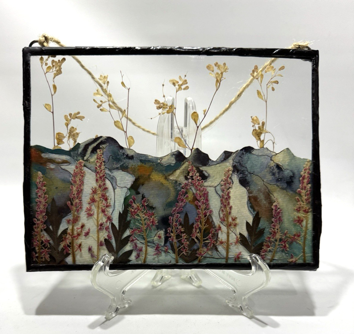 Awakened Artistry Floral Mountain Glass Frame Art Piece Wall Hanging 7″x5.25″