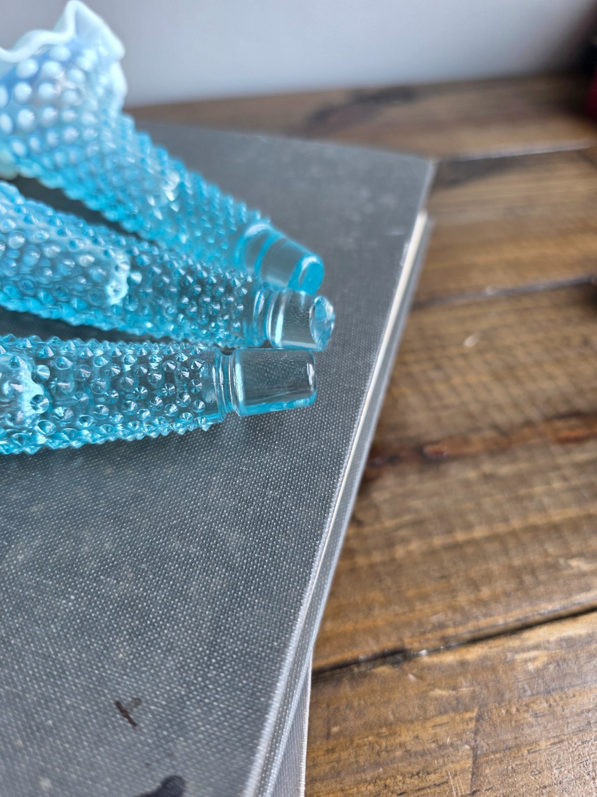 (3) Fenton Horns For Epergne – Opalescent Blue Aqua Hobnail 6″