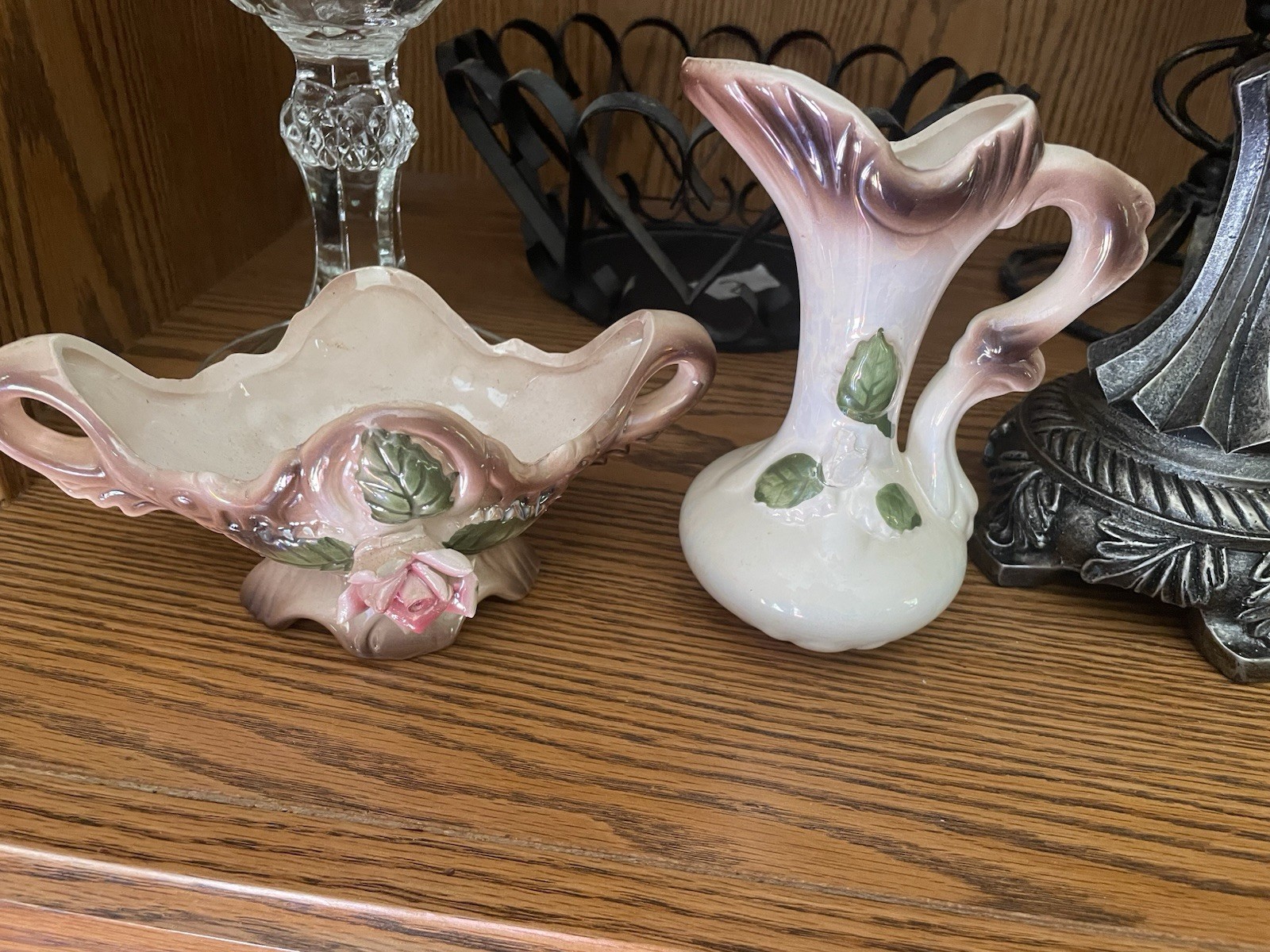 Ceramic Floral Pitcher Style Vase, Pink White Green Flowers, Glossy Decorative