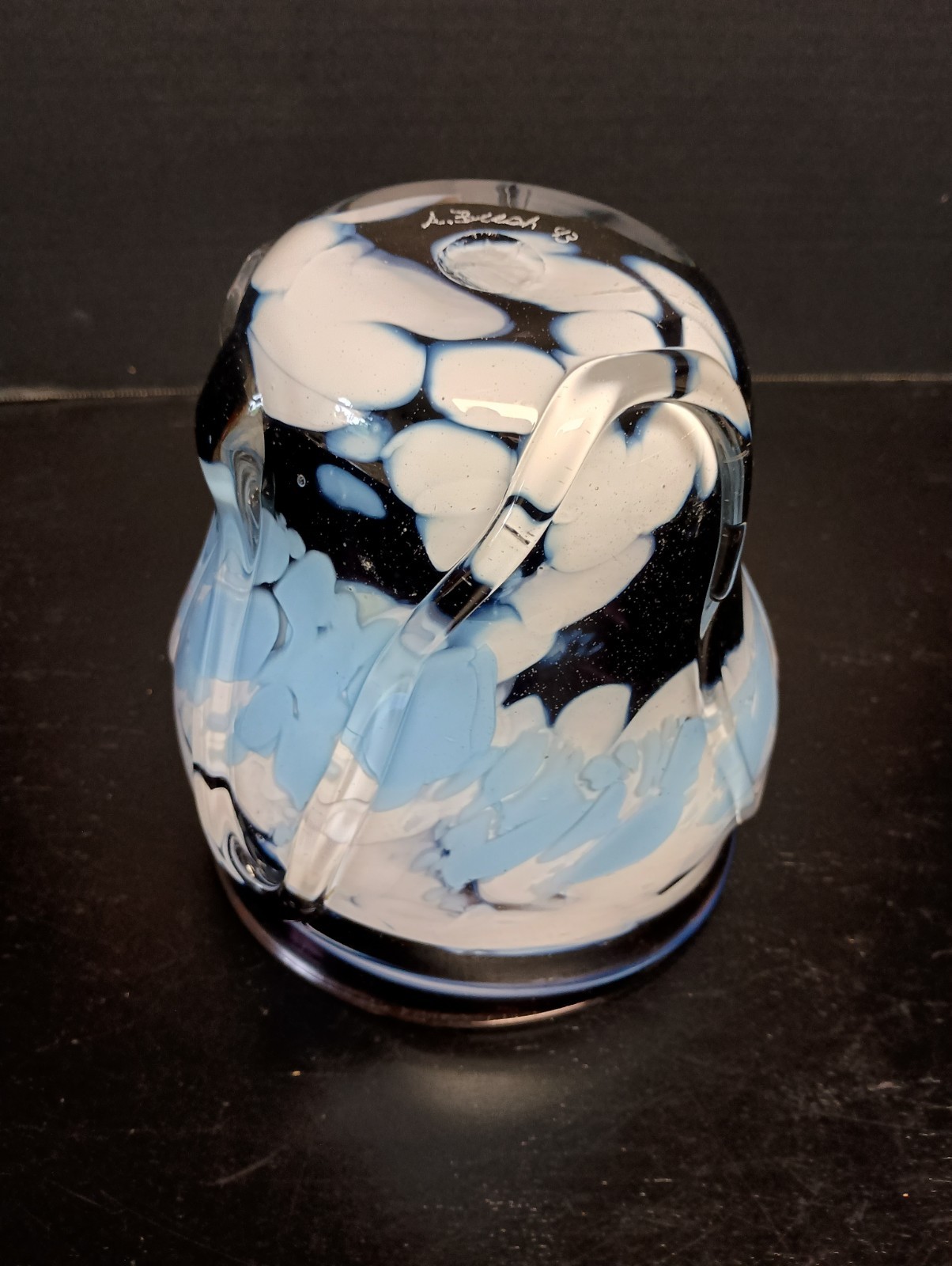 Vtg Blown Glass Flower Bowl Vase Purple Blue White Signed By Artist A Bush 7″