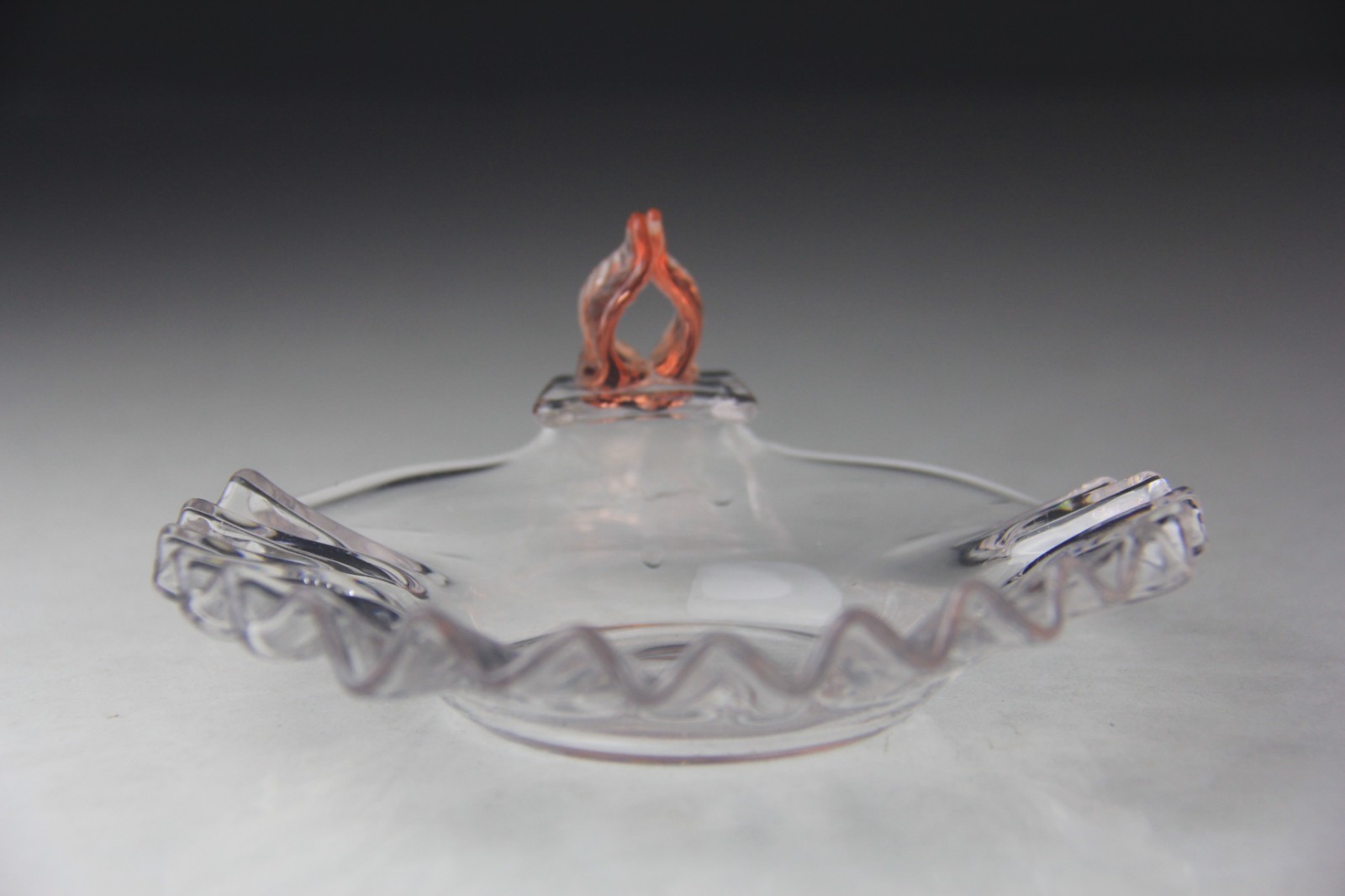 Carder Steuben Clear Art Glass Leaf Ash Tray w/ Pink Handle Shape# 6182 – Rare!