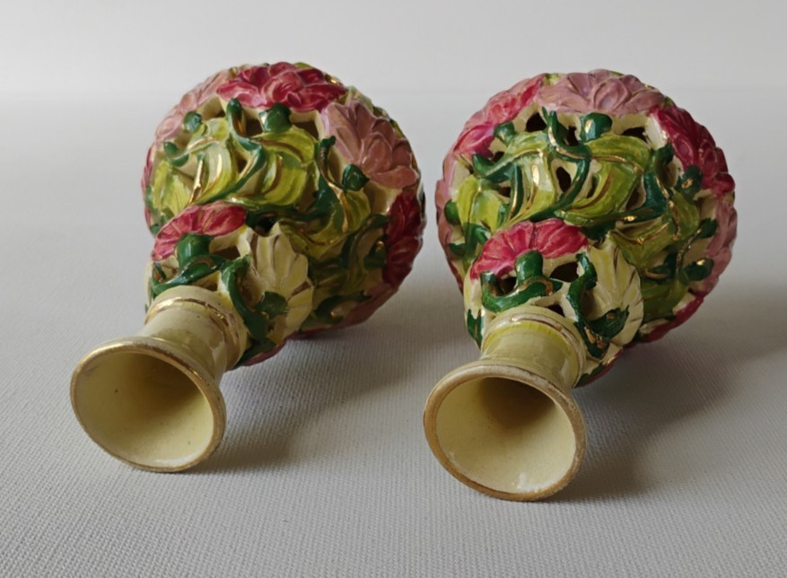 EMIL FISCHER BUDAPEST HUNGARY ANTIQUE PIERCED ART POTTERY VASES PAIR