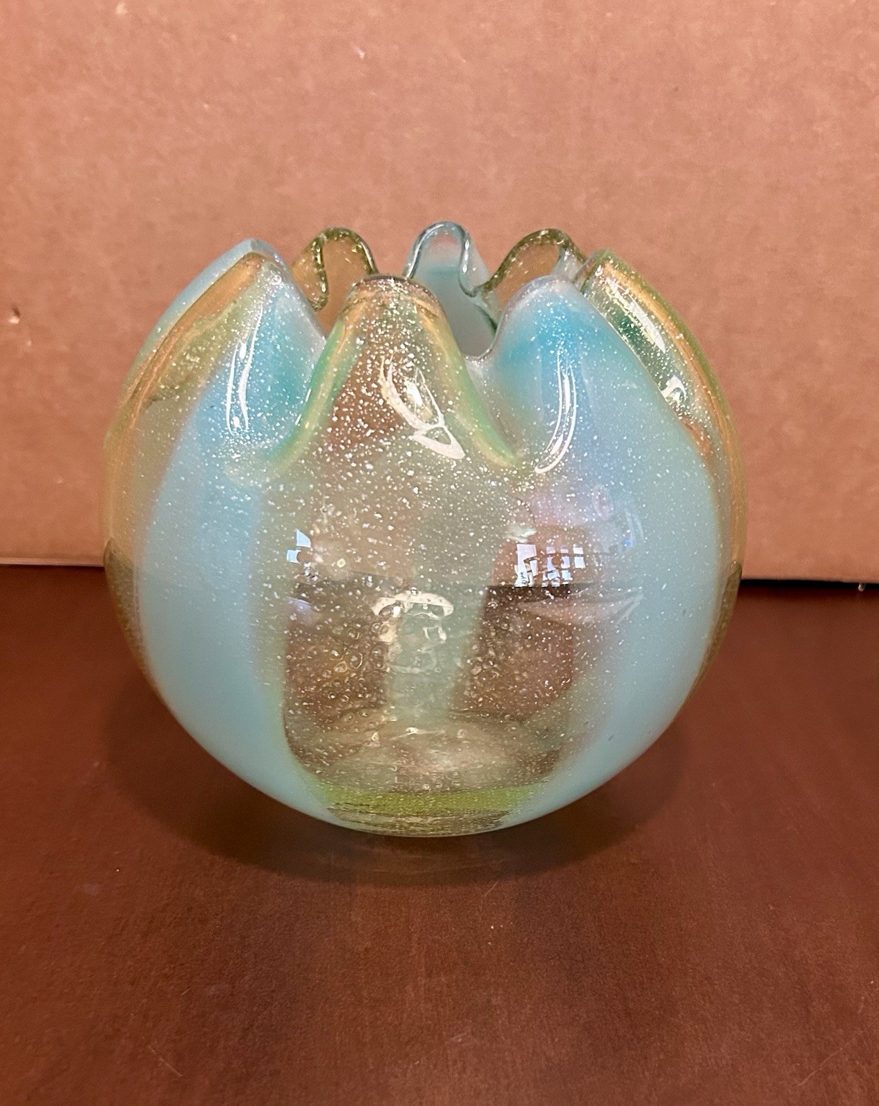 Vintage Art Glass Rose Bowl W/ Silver Mica Fleck, Crimped Bowl, Pontilled