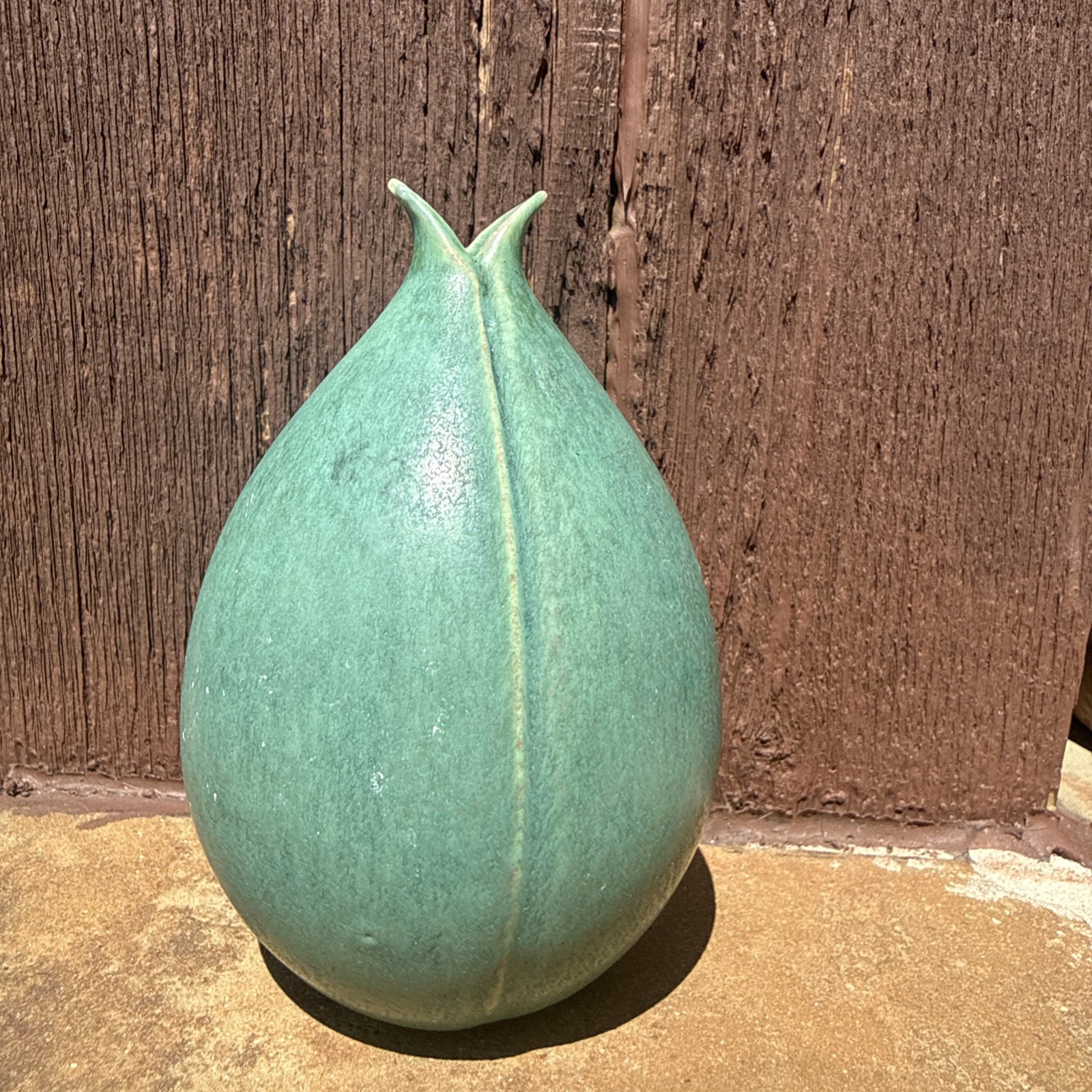 Green Split Pod ceramic vessel By Whitney Smith Pottery, 5”, Signed.