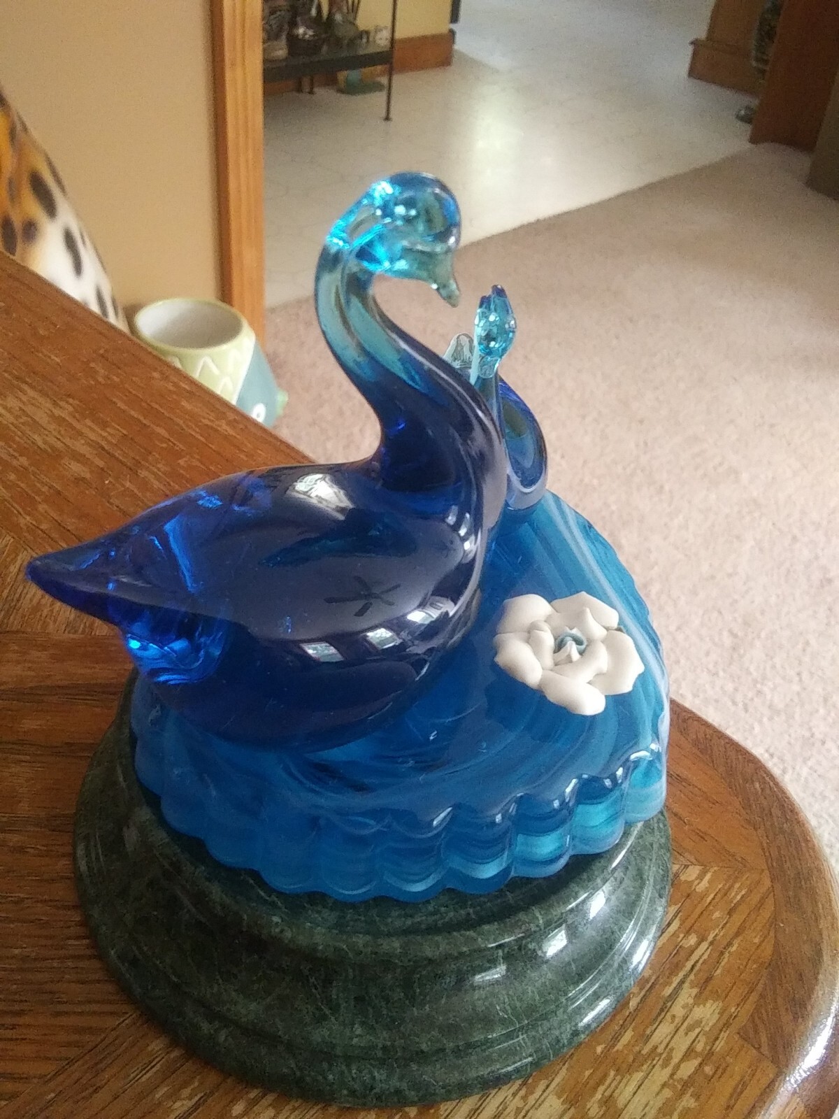 Art Glass Swans On Heart Shape Base Signed Hicks And.