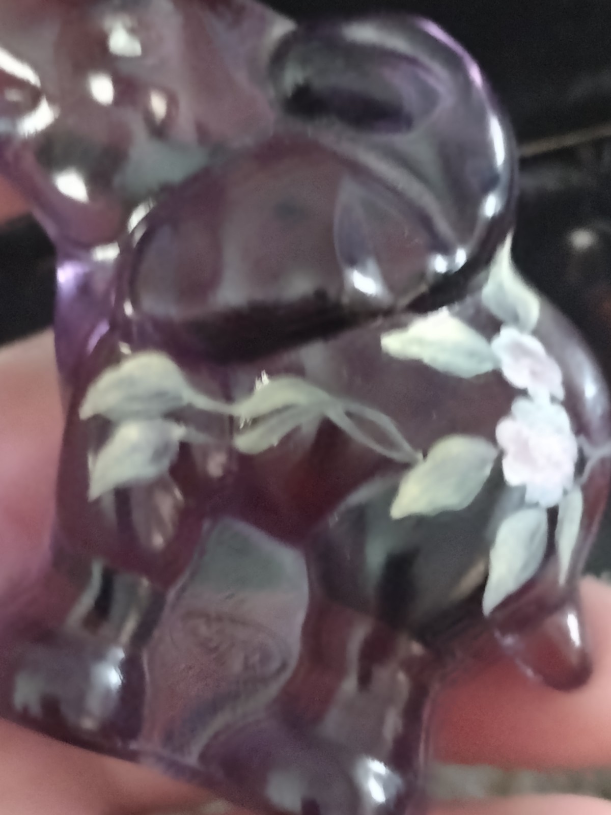 Fenton Purple Glass Elephant Trunk Up Figurine Hand Painted