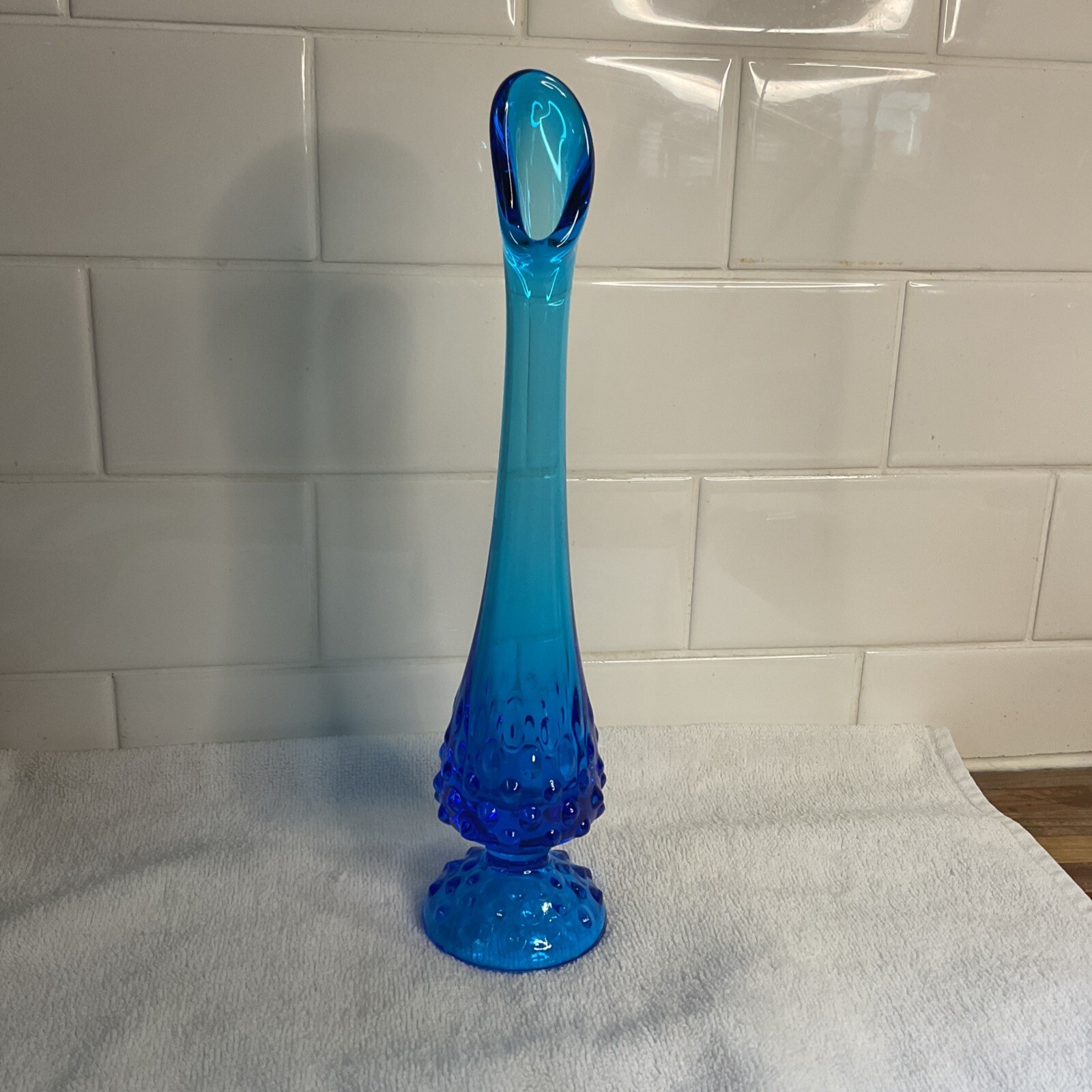 Vintage Fenton Blue Hobnail Swung Stretch Bud Vase 10 3/4” Tall