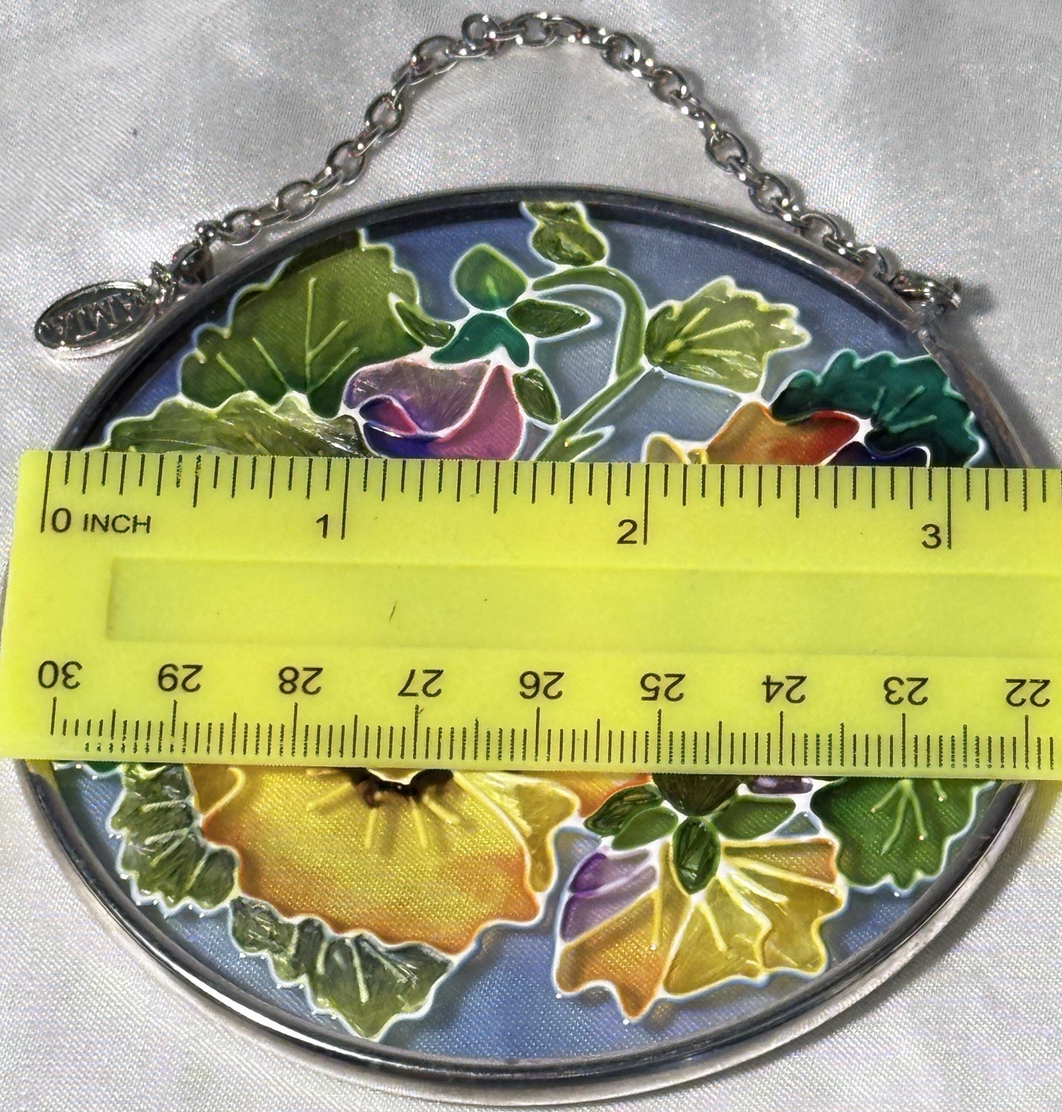 Amia Stained Glass Yellow & Purple Painted Pansy Round Hanging Decor 3.25 in