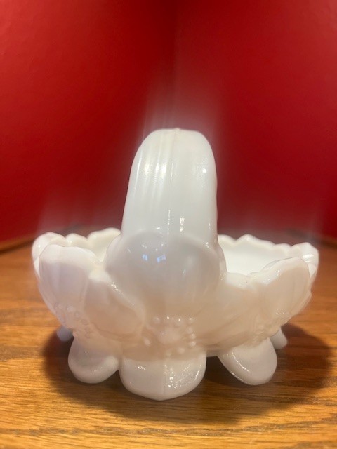 Westmoreland Milk Glass Split Handle Pansy Basket; 3 1/2 x 4 1/2 in; W Mark