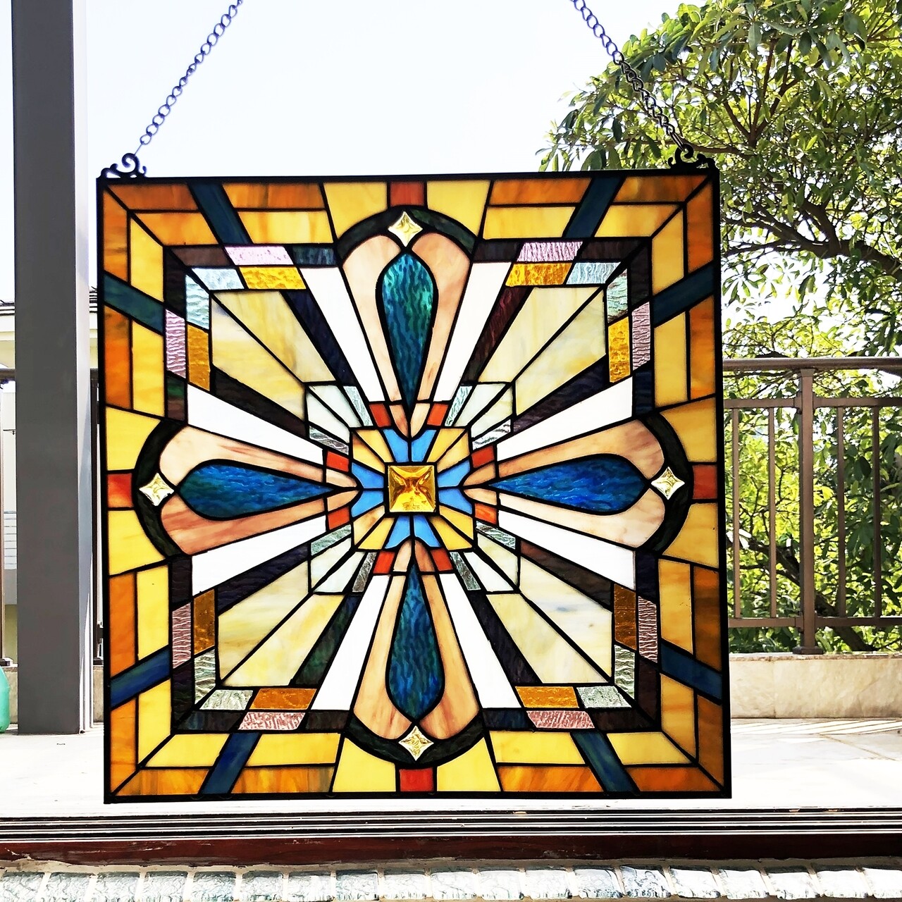 Stained Glass Tiffany Style Window Panel Arts & Crafts Mission Design 20″ x 20″