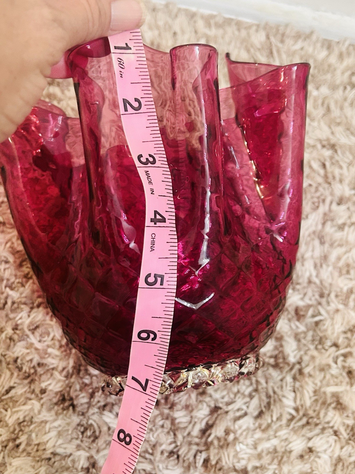 VINTAGE MURANO CRANBERRY ITALIAN ART GLASS HANDKERCHIEF VASE-DIAMOND/QUILTED