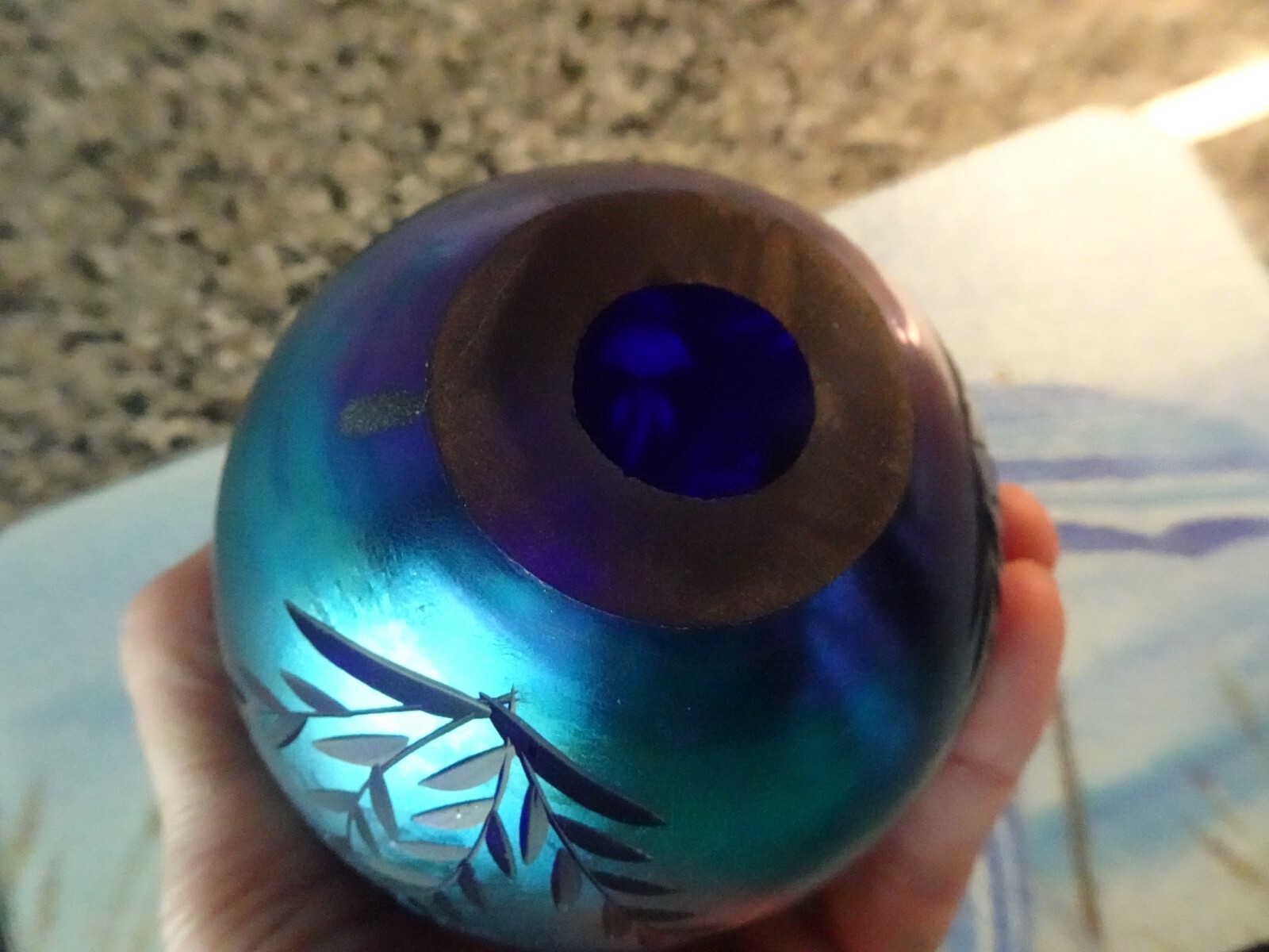 Vintage Vandermark Art Glass Incised Etched Carved Blue Aurene Egg Paperweight