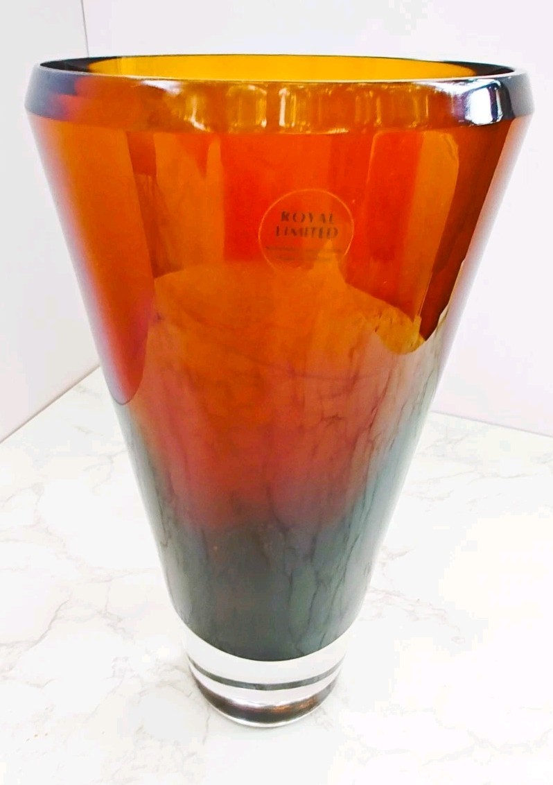 Murano Style Hand Blown Royal Limited Crystal Vase Amber Poland 11.1” Tall