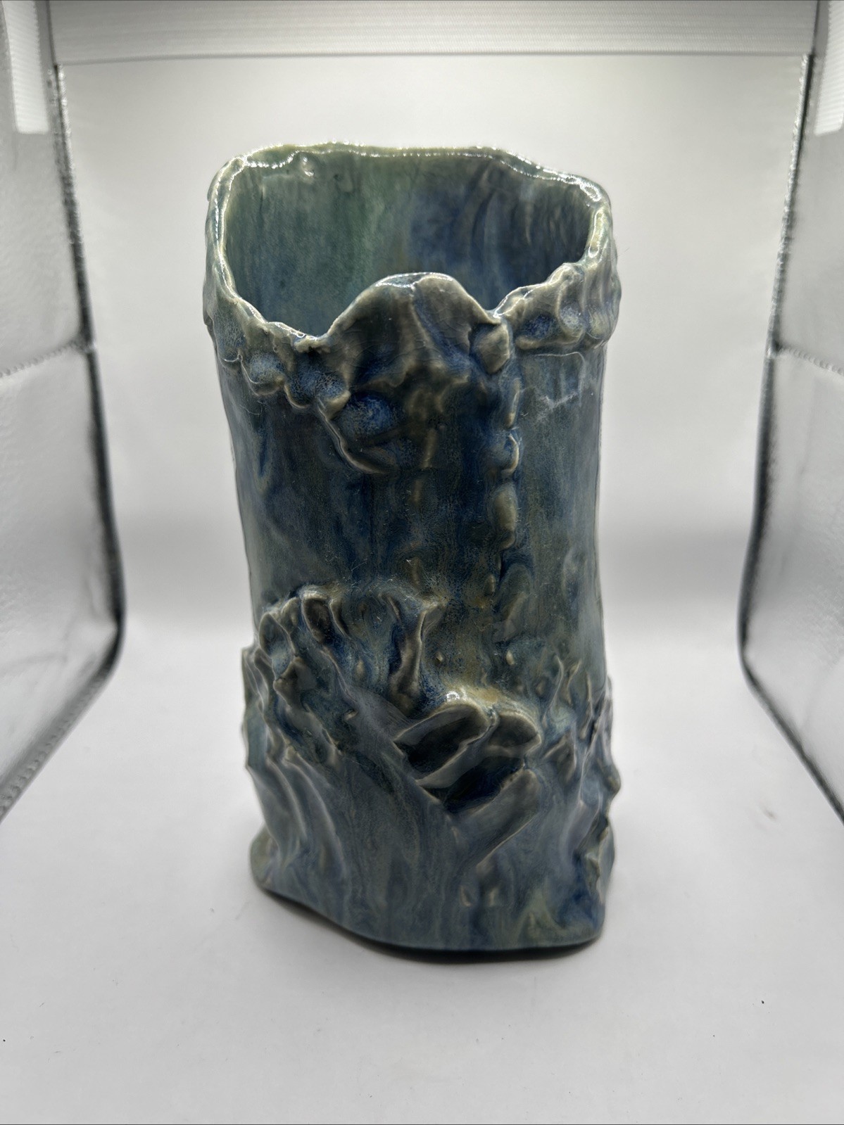 HANDMADE BLUE-GREEN DRIP GLAZE ART POTTERY STUDIO VASE 3D Watertight 7” Tall