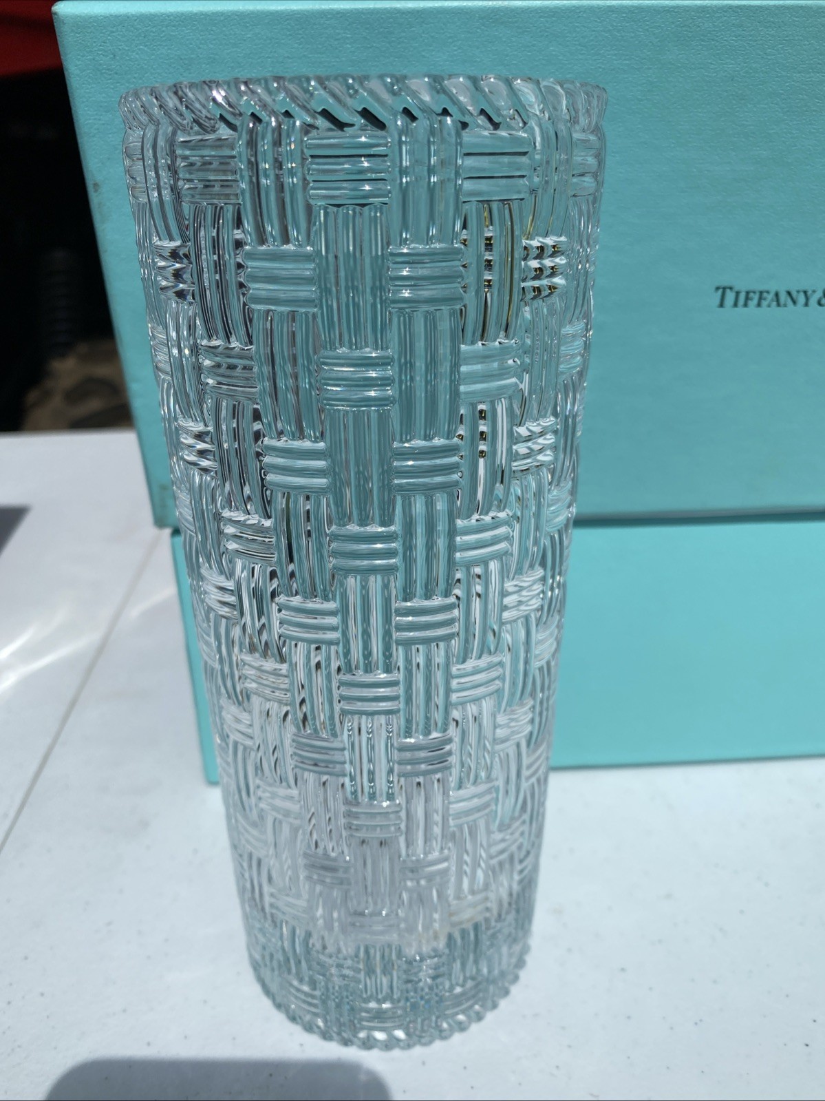 TIFFANY & CO Woven Basketweave 12” Cylinder Crystal Glass Vase w Box + Label