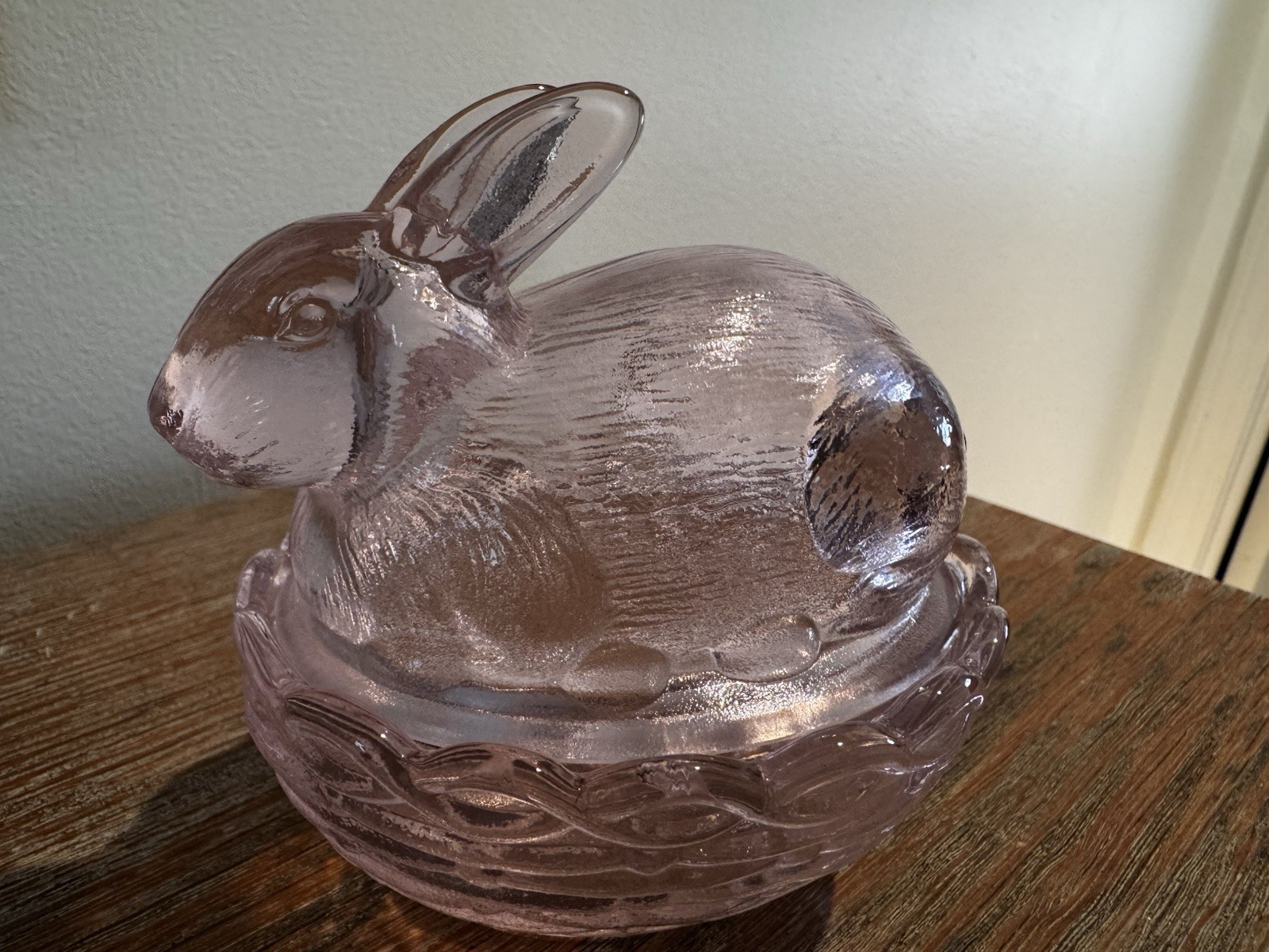 Mosser Glass Pink Bunny On Nest Trinket Box Covered Dish