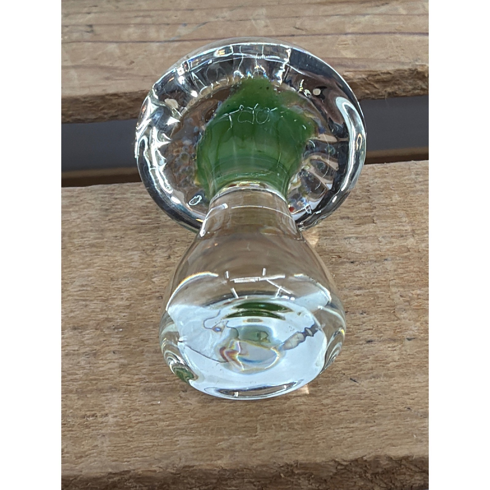 Vintage Hand Blown Art Glass Mushroom Clear Green Blue Swirl 2″