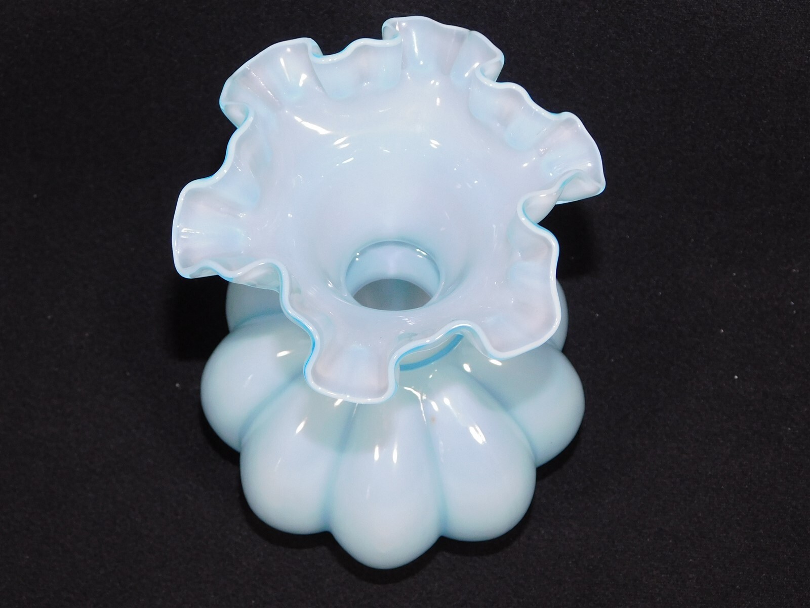 Vintage Fenton Aqua Blue Opalescent Glass Melon Vase Ruffled Edge 6″
