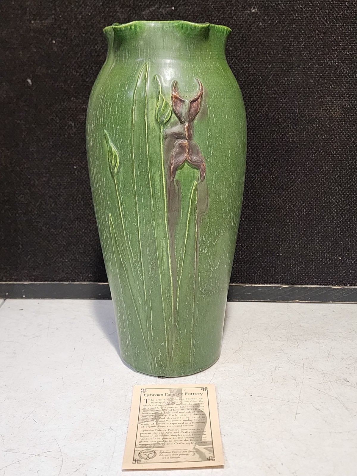 Ephraim Faience Raised Iris Vase Signed By Keith Hicks 11.5″ Green Glossy Finish