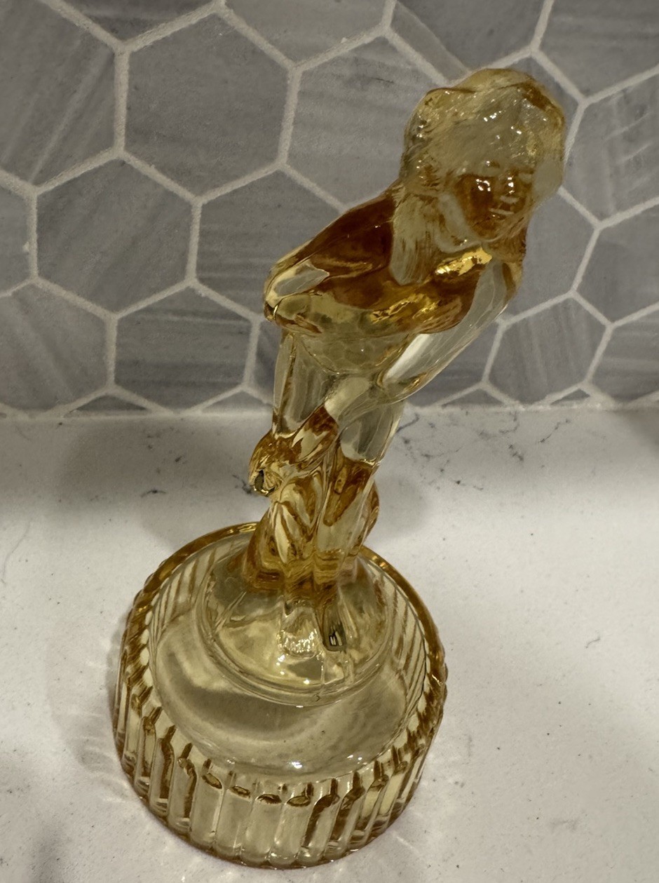 Vintage Imperial Glass Cambridge Bashful Charlotte Venus Rising Nude Lady Amber