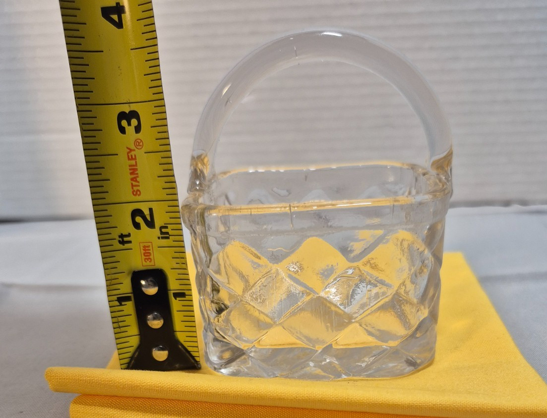 Set of 2 glass baskets. one clear and one opaque. 3 inch size with basket weave.