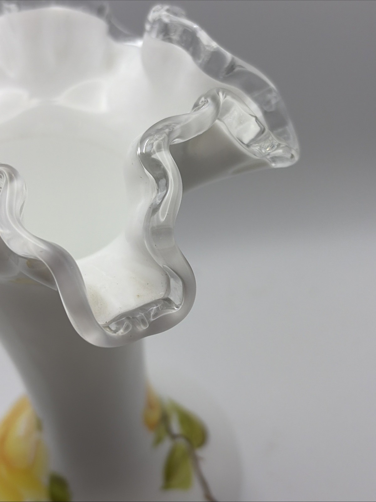 VTG Fenton Milk Glass Ruffle Crest Handpainted Vase Yellow Roses 8”